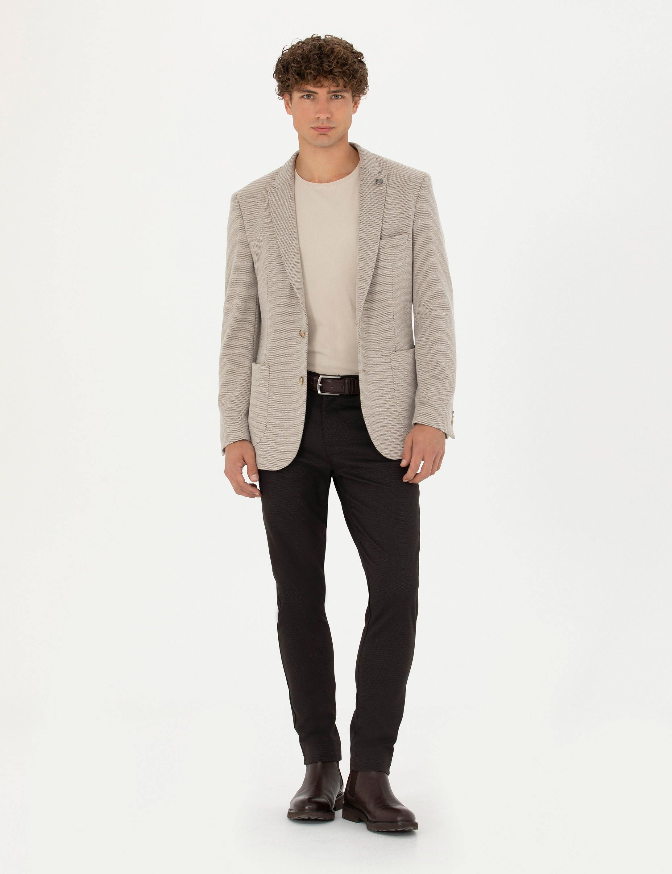 Koyu Kahverengi Armürlü  Slim Fit Kanvas Pantolon - Image 1