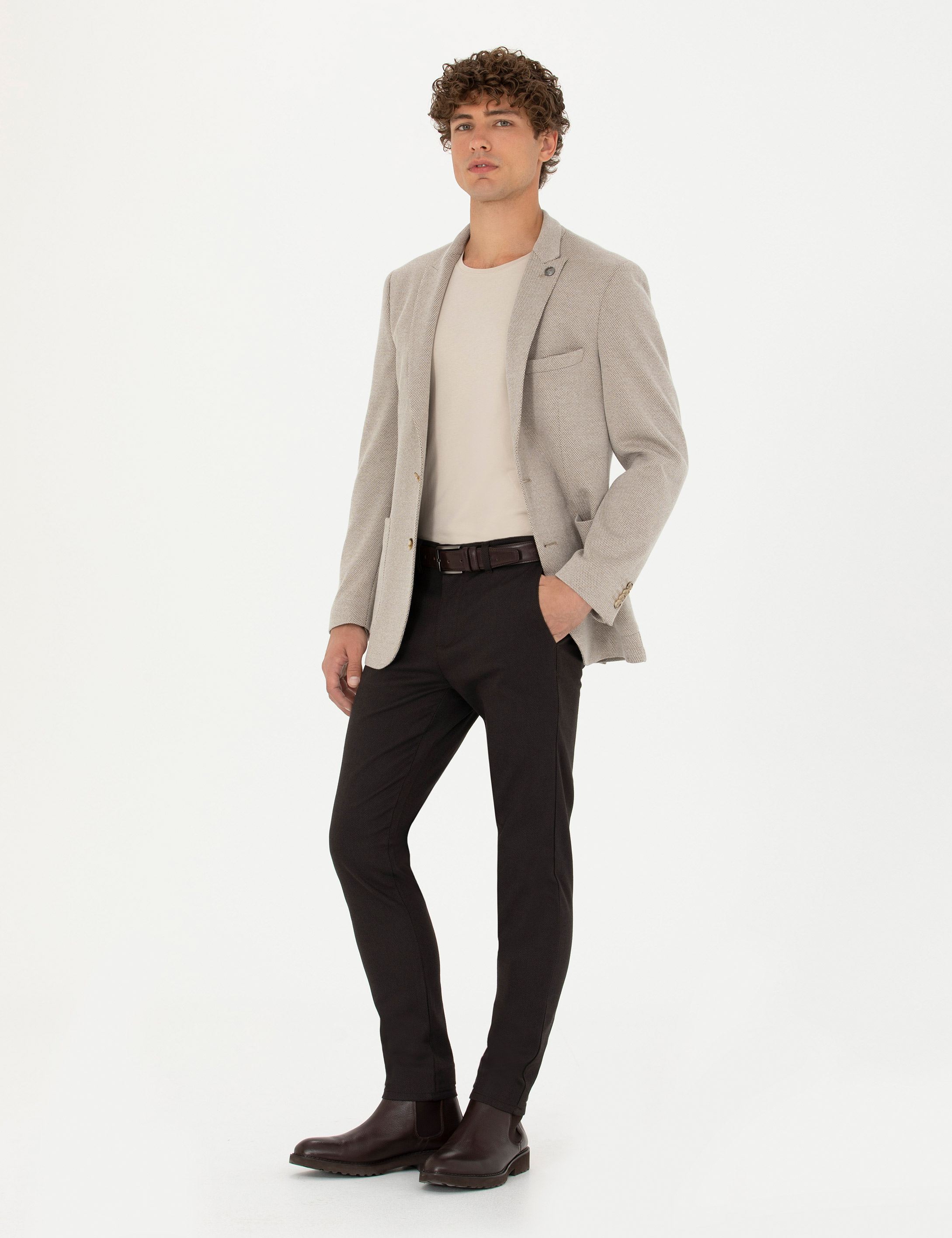 Koyu Kahverengi Armürlü  Slim Fit Kanvas Pantolon - Image 3