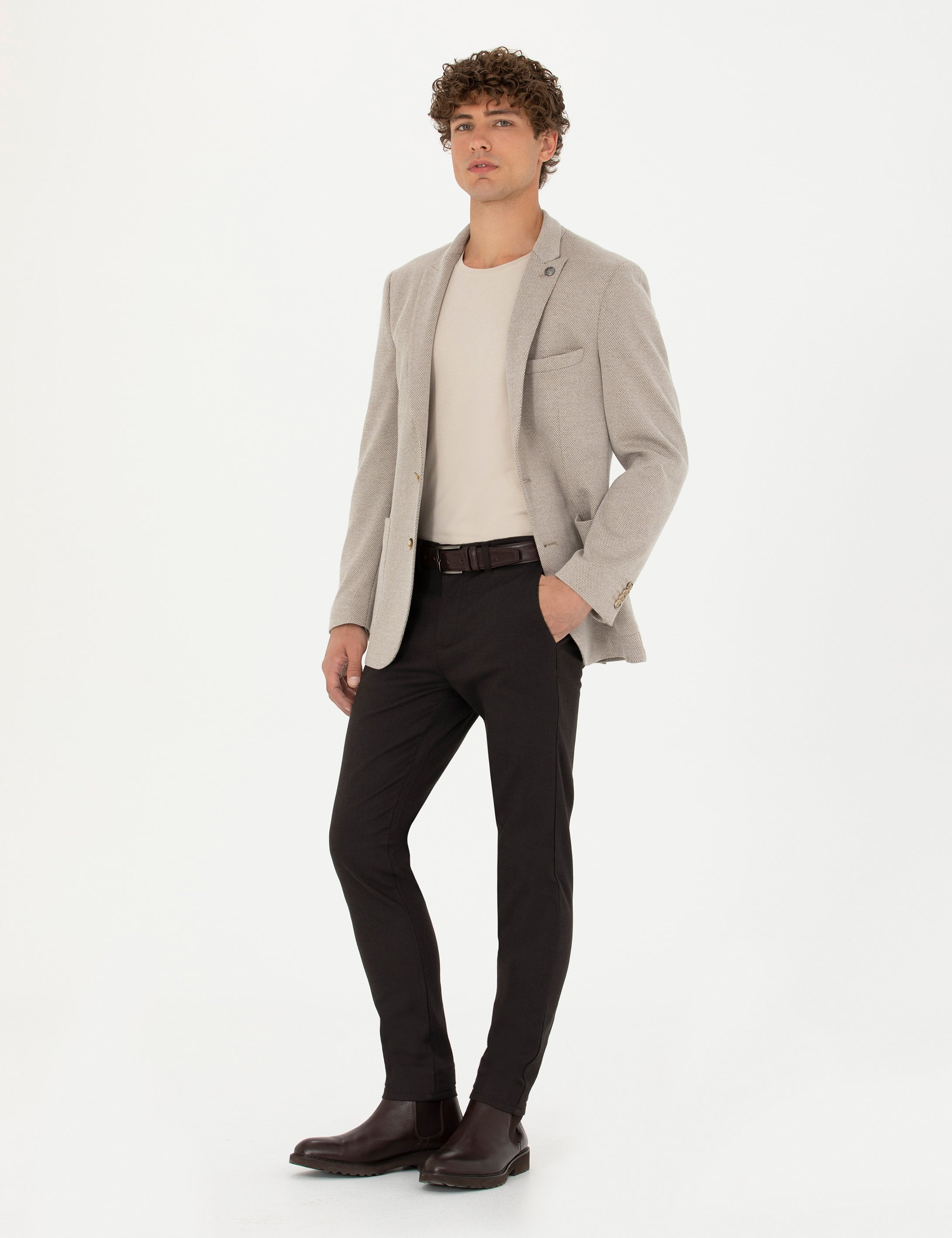 Koyu Kahverengi Armürlü  Slim Fit Kanvas Pantolon