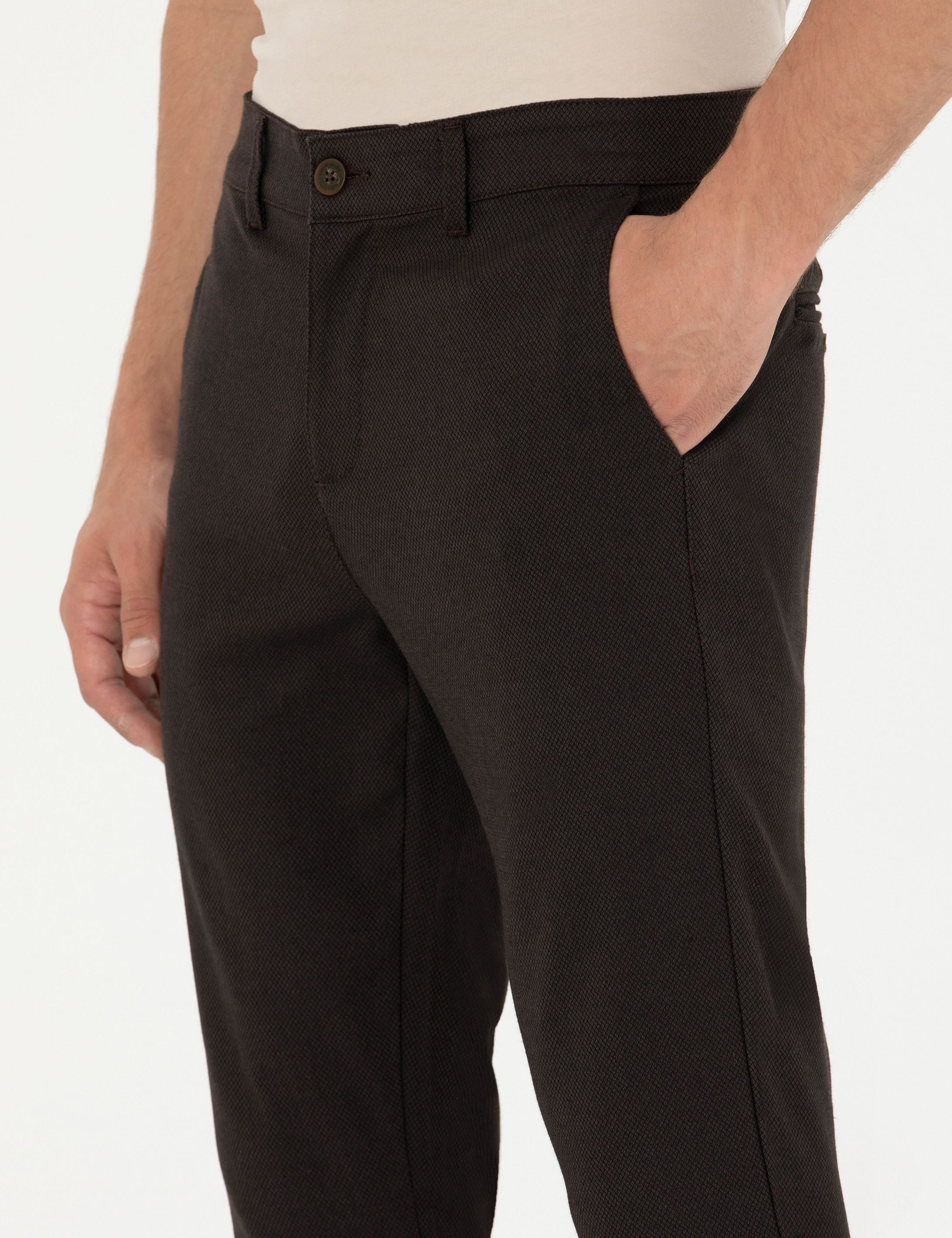 Koyu Kahverengi Armürlü  Slim Fit Kanvas Pantolon - Image 6
