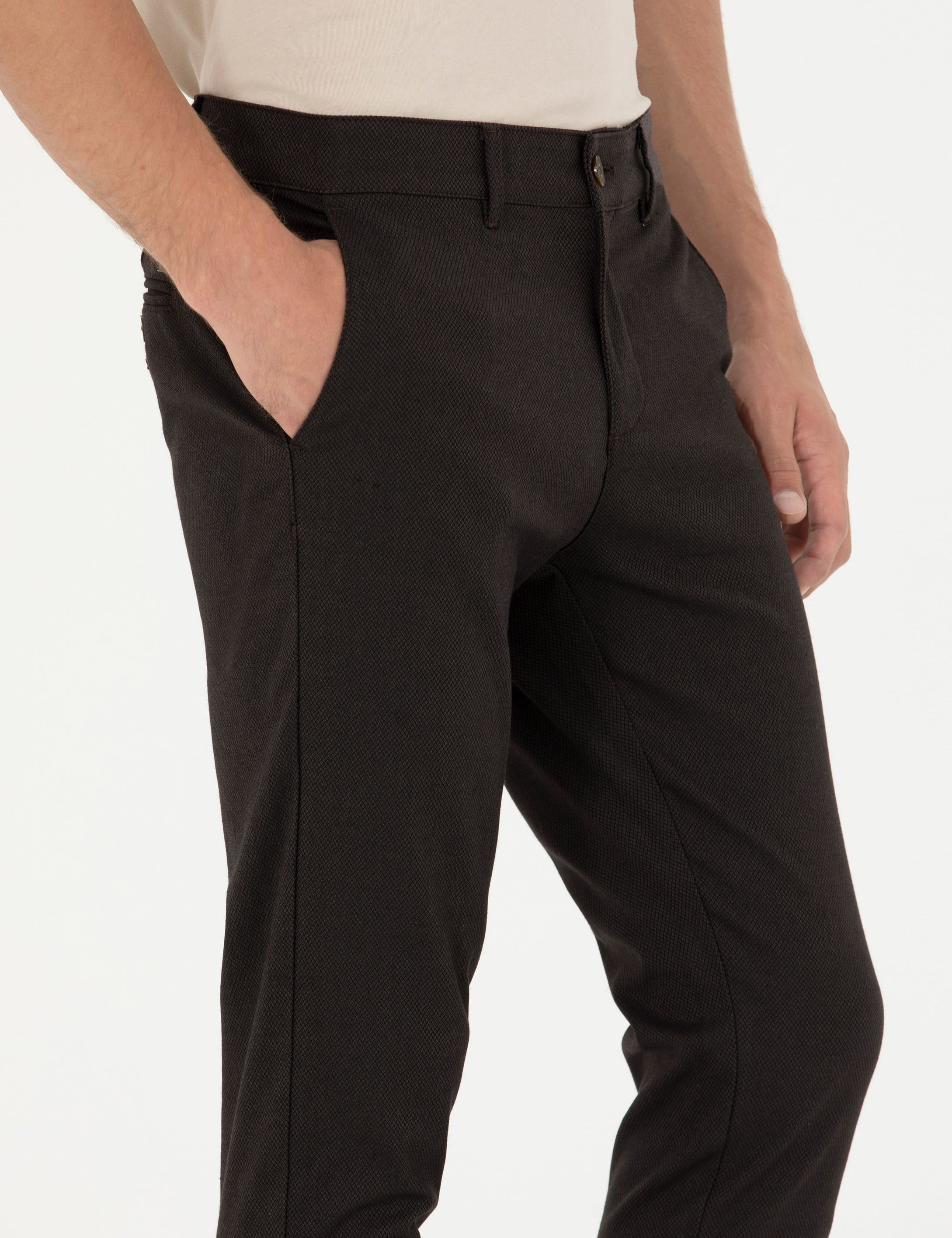 Koyu Kahverengi Armürlü  Slim Fit Kanvas Pantolon - Image 5