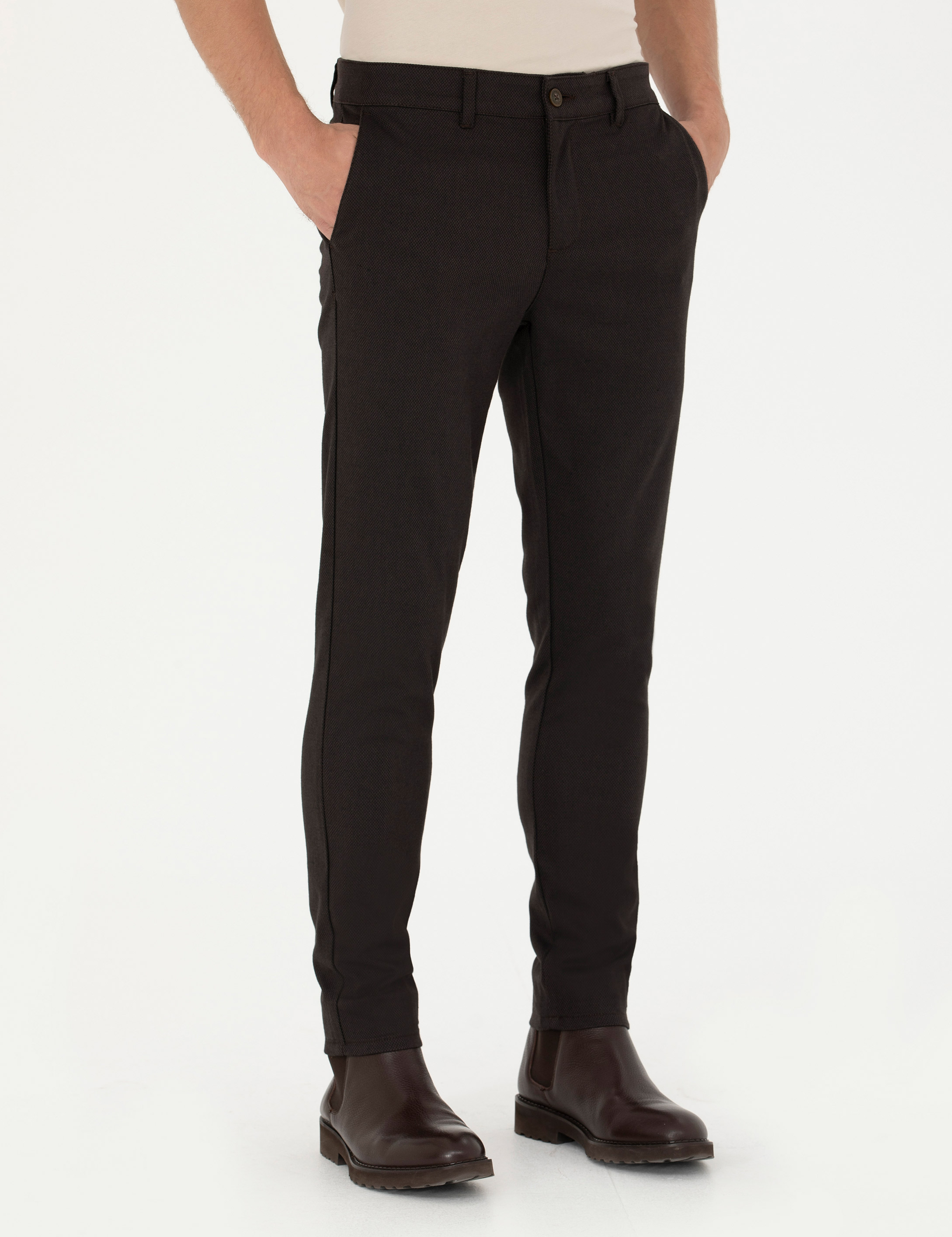 Koyu Kahverengi Armürlü  Slim Fit Kanvas Pantolon - Image 2