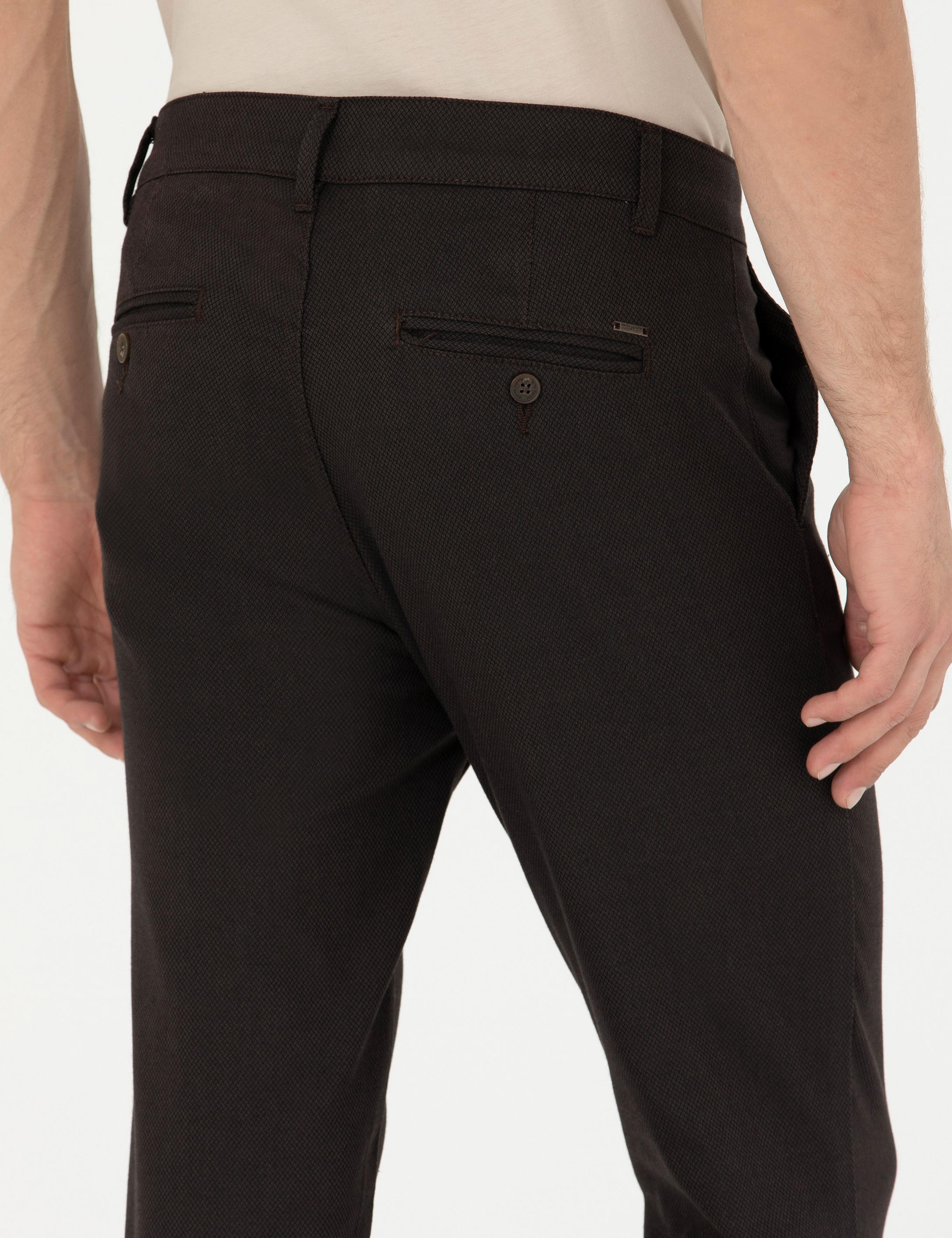 Koyu Kahverengi Armürlü  Slim Fit Kanvas Pantolon