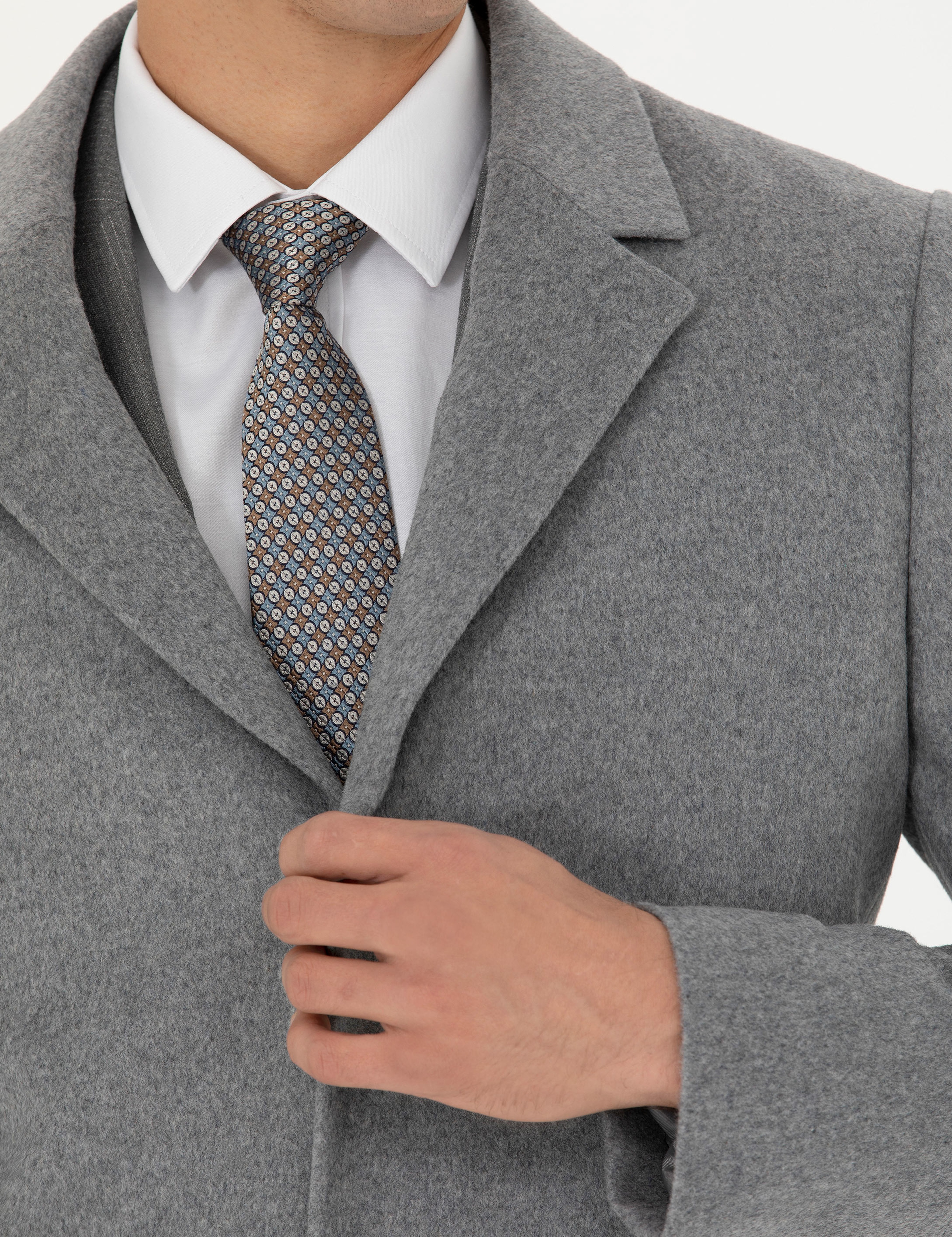 Açık Gri Yün Karışımlı Ekstra Slim Fit Kaşe Kaban - Image 7