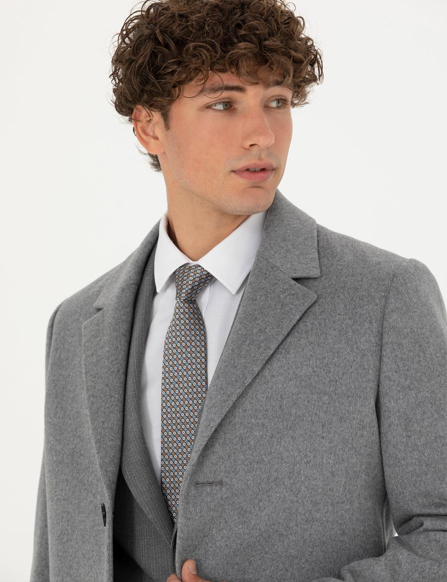 Açık Gri Yün Karışımlı Ekstra Slim Fit Kaşe Kaban