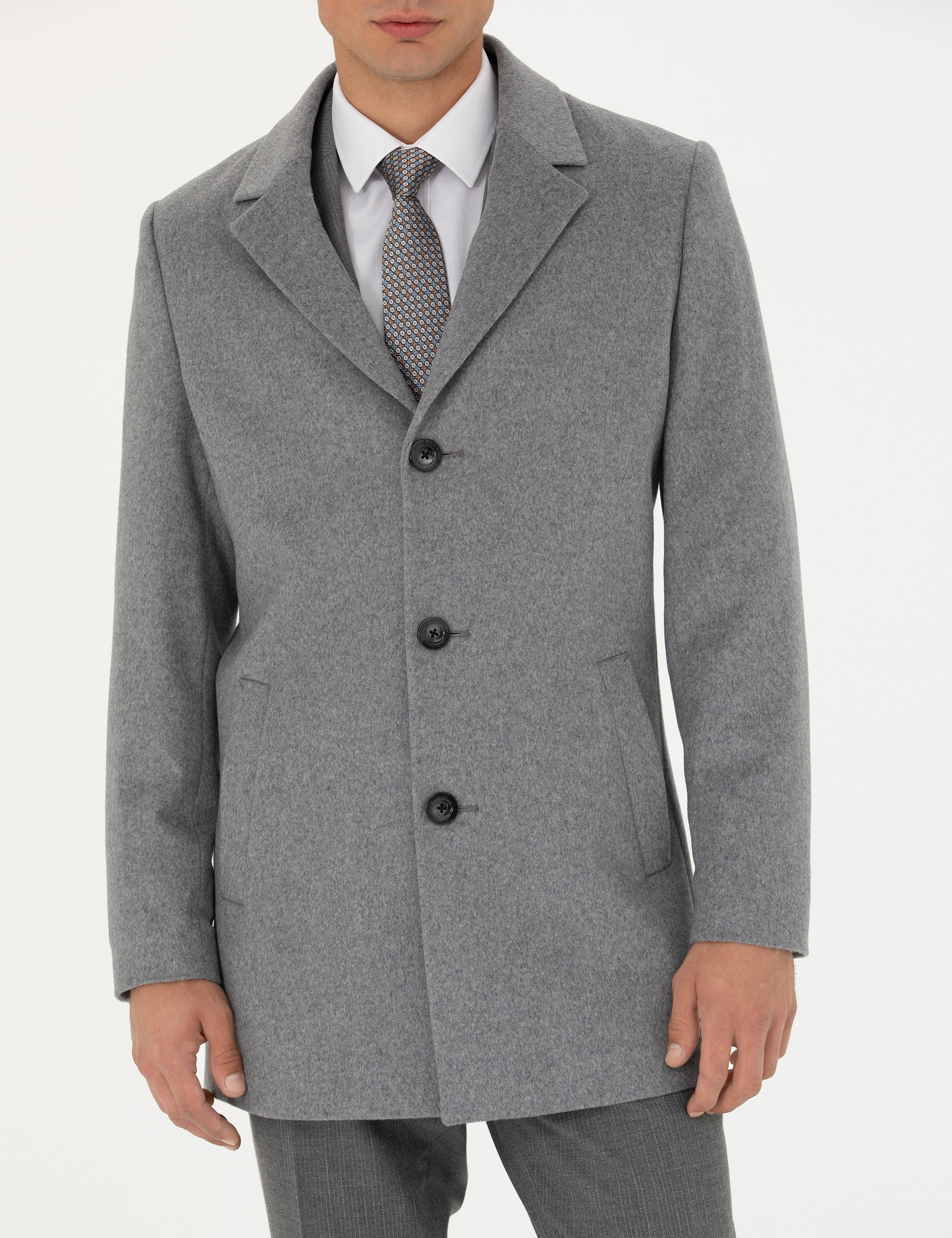 Açık Gri Yün Karışımlı Ekstra Slim Fit Kaşe Kaban