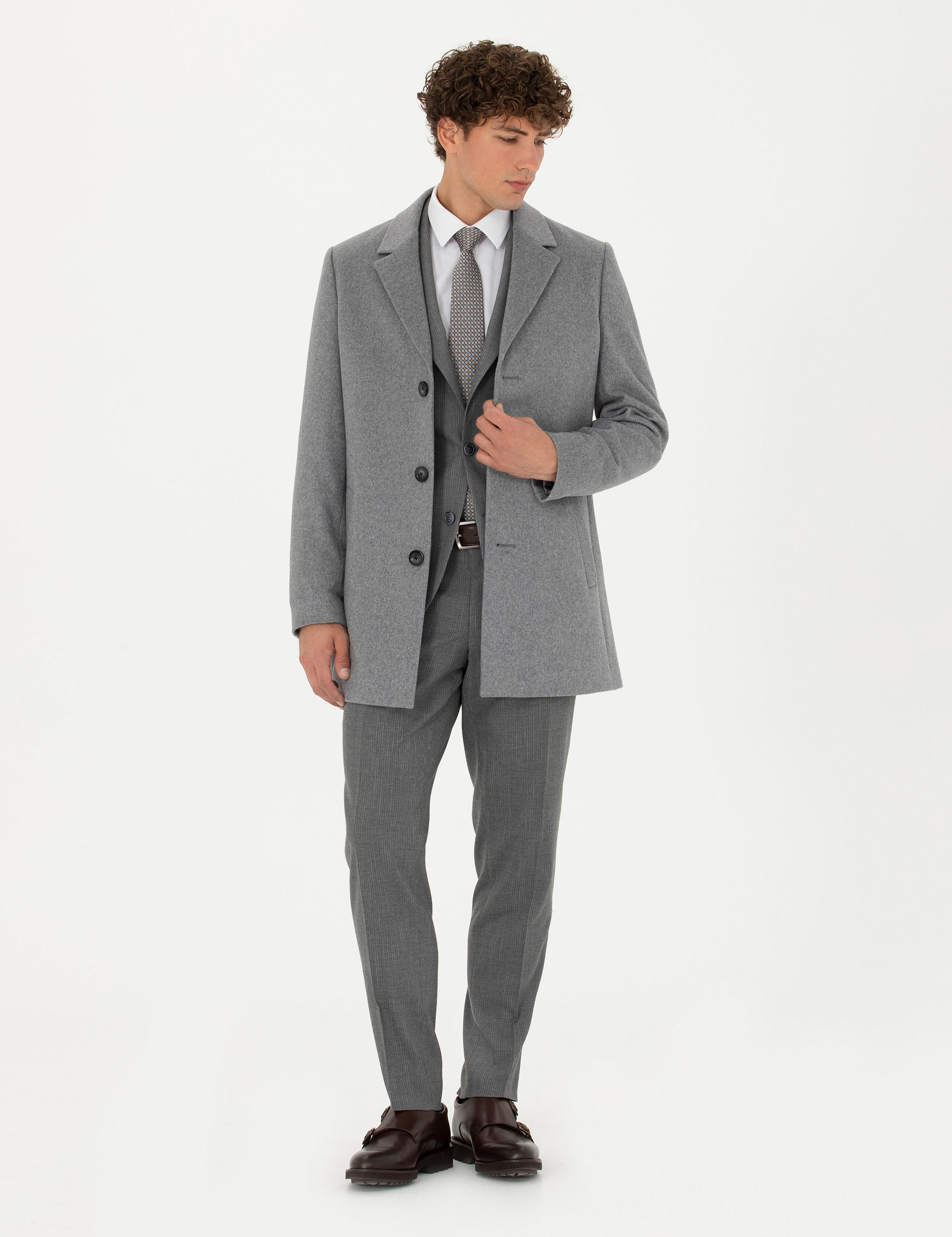 Açık Gri Yün Karışımlı Ekstra Slim Fit Kaşe Kaban