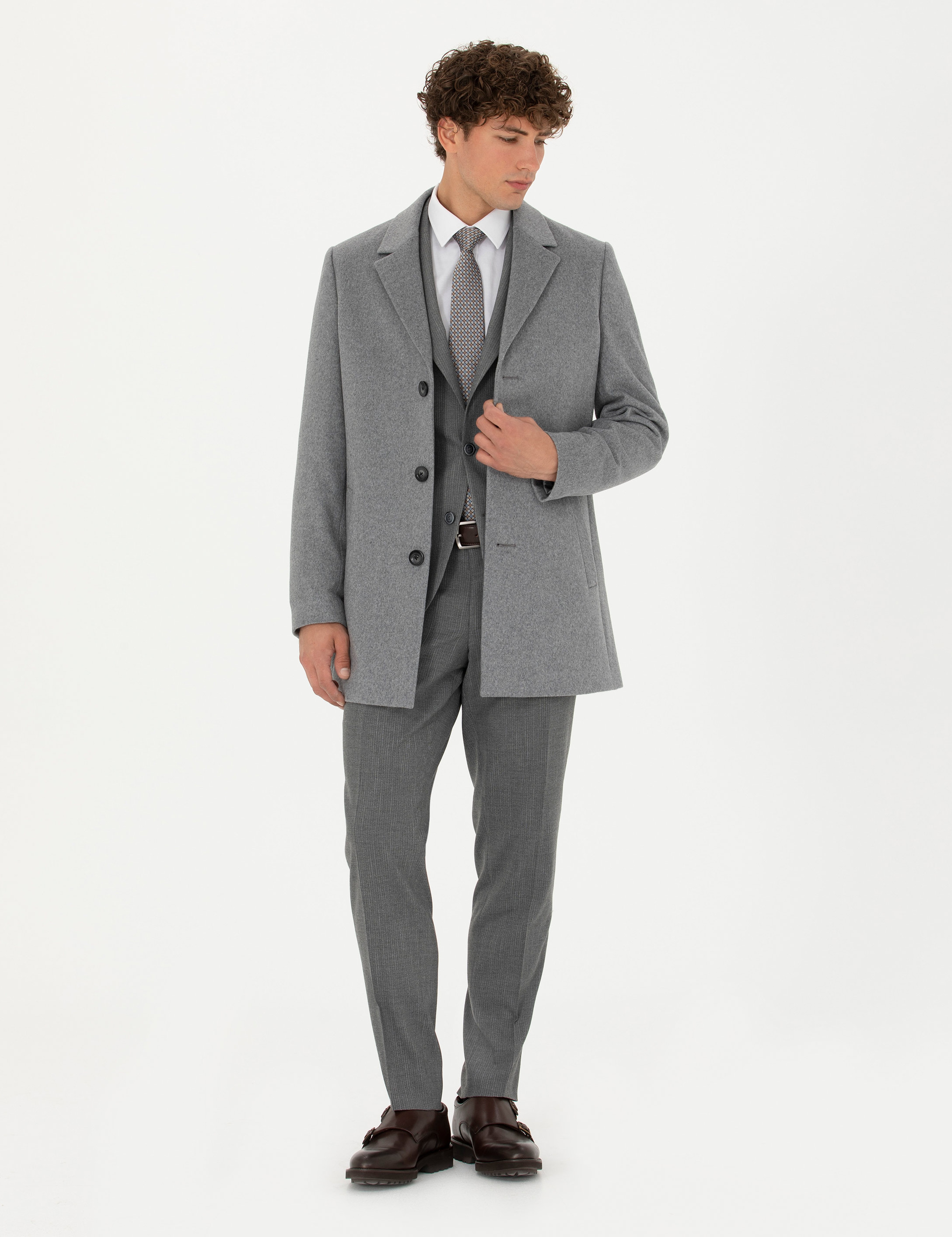 Açık Gri Yün Karışımlı Ekstra Slim Fit Kaşe Kaban