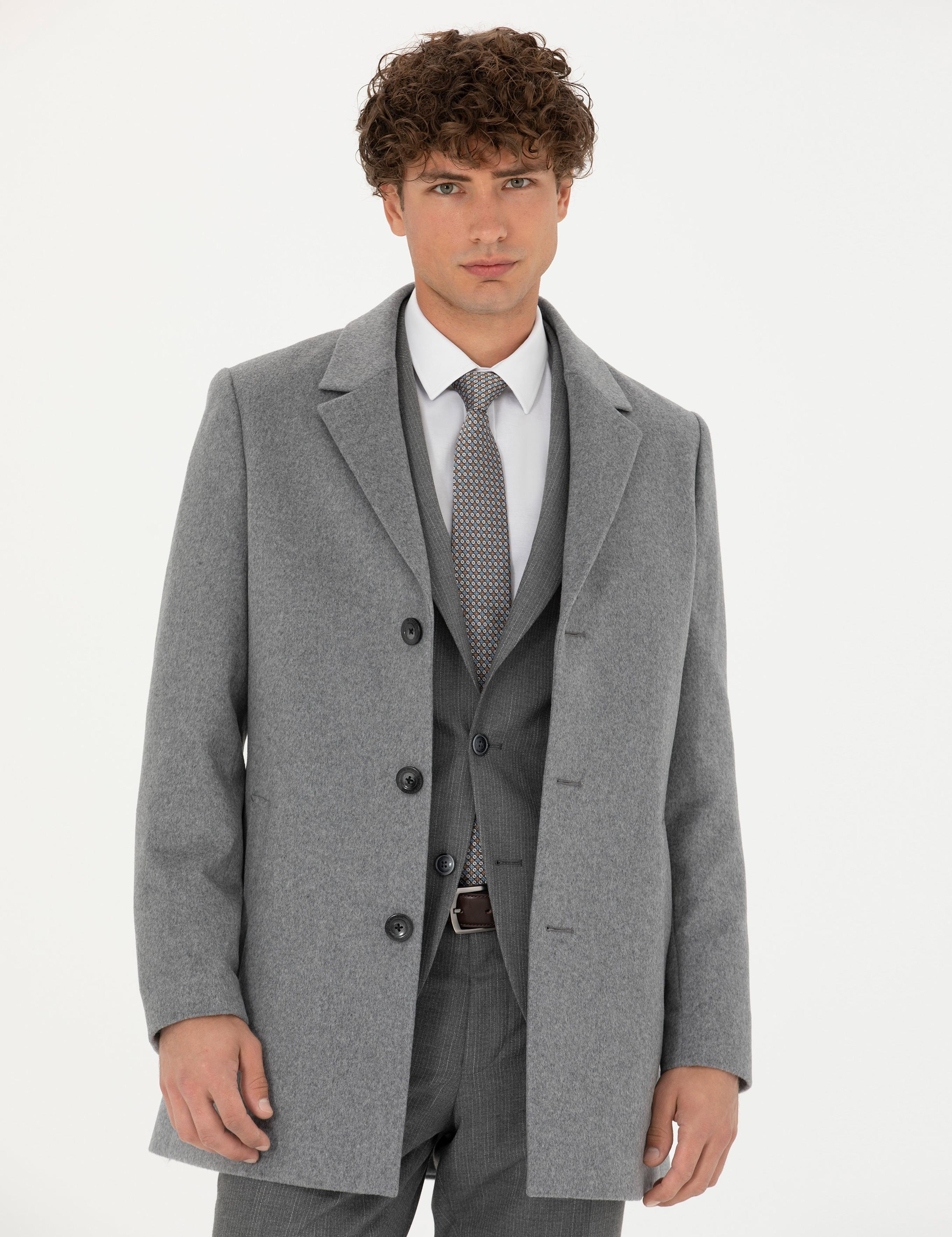 Açık Gri Yün Karışımlı Ekstra Slim Fit Kaşe Kaban