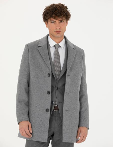 Açık Gri Yün Karışımlı Ekstra Slim Fit Kaşe Kaban - 50270887018