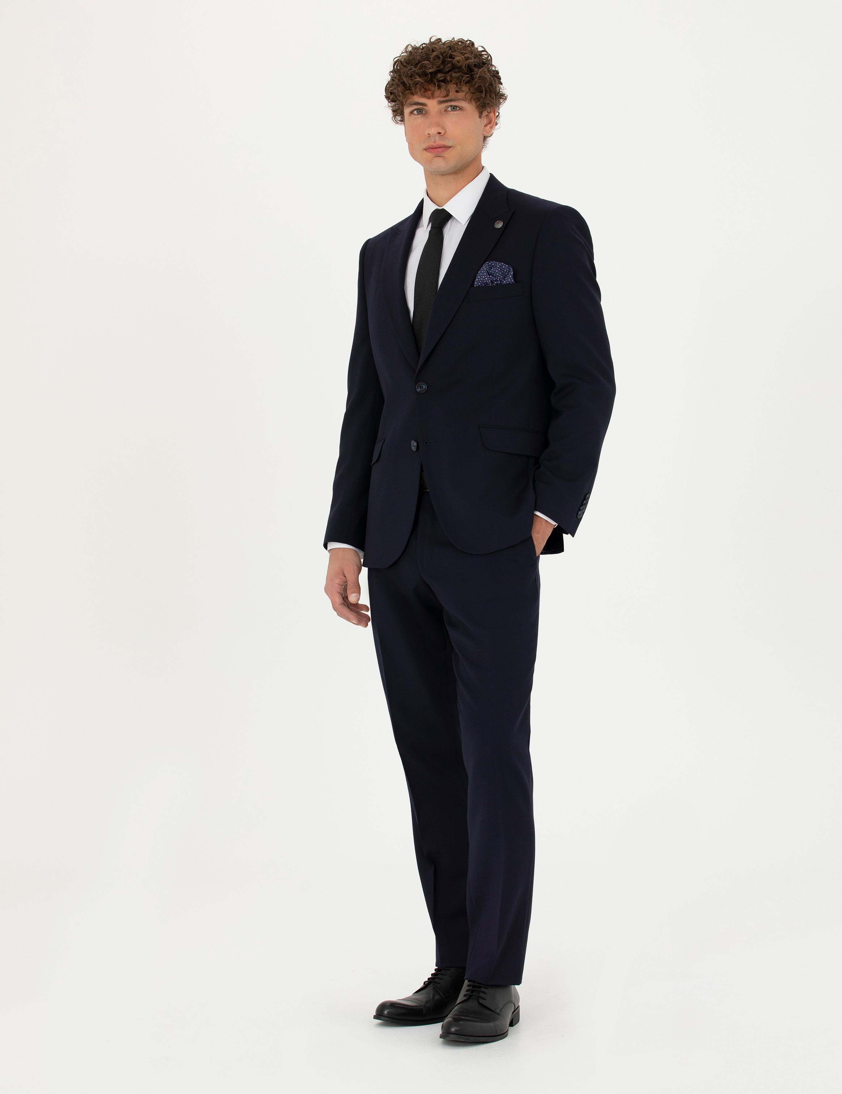 Lacivert Slim Fit Yün Karışımlı Takım Elbise