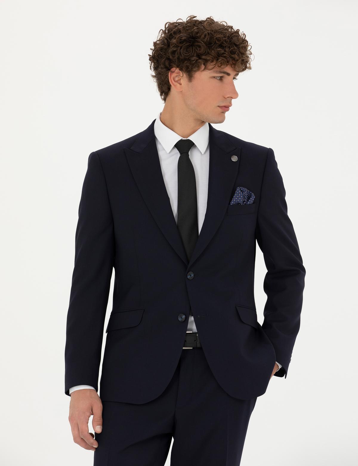 Lacivert Slim Fit Yün Karışımlı Takım Elbise - 50273451041