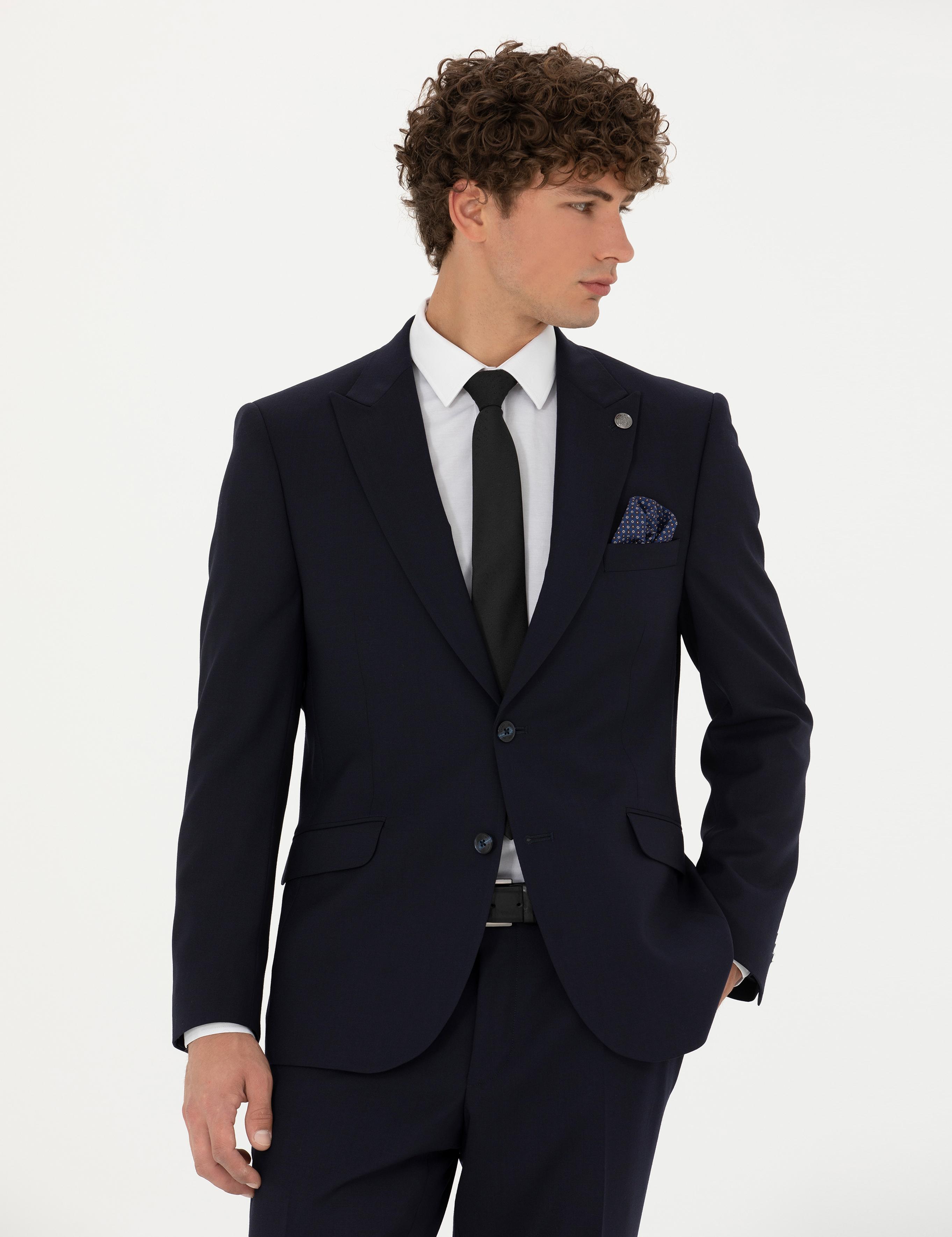 Lacivert Slim Fit Yün Karışımlı Takım Elbise