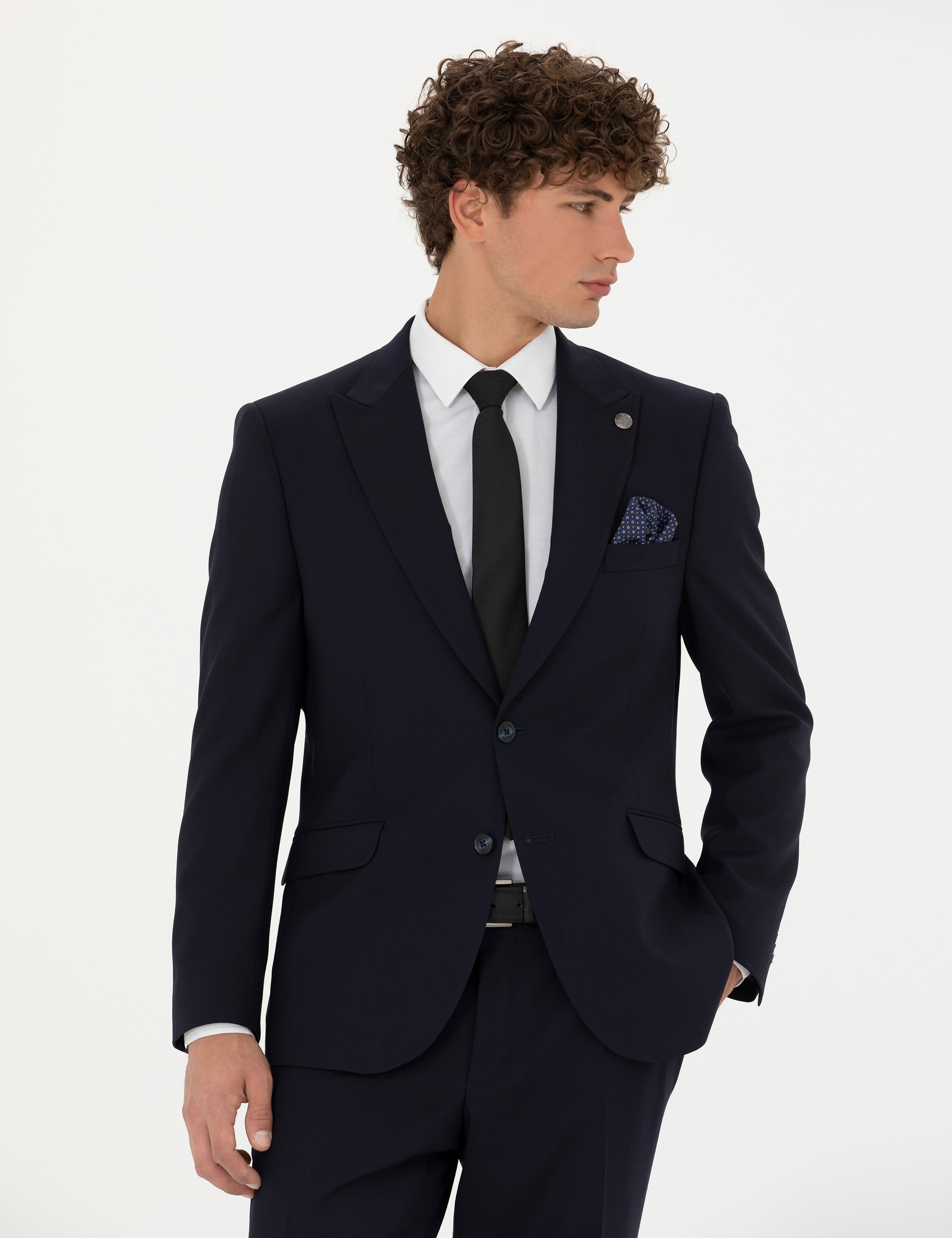 Lacivert Slim Fit Yün Karışımlı Takım Elbise