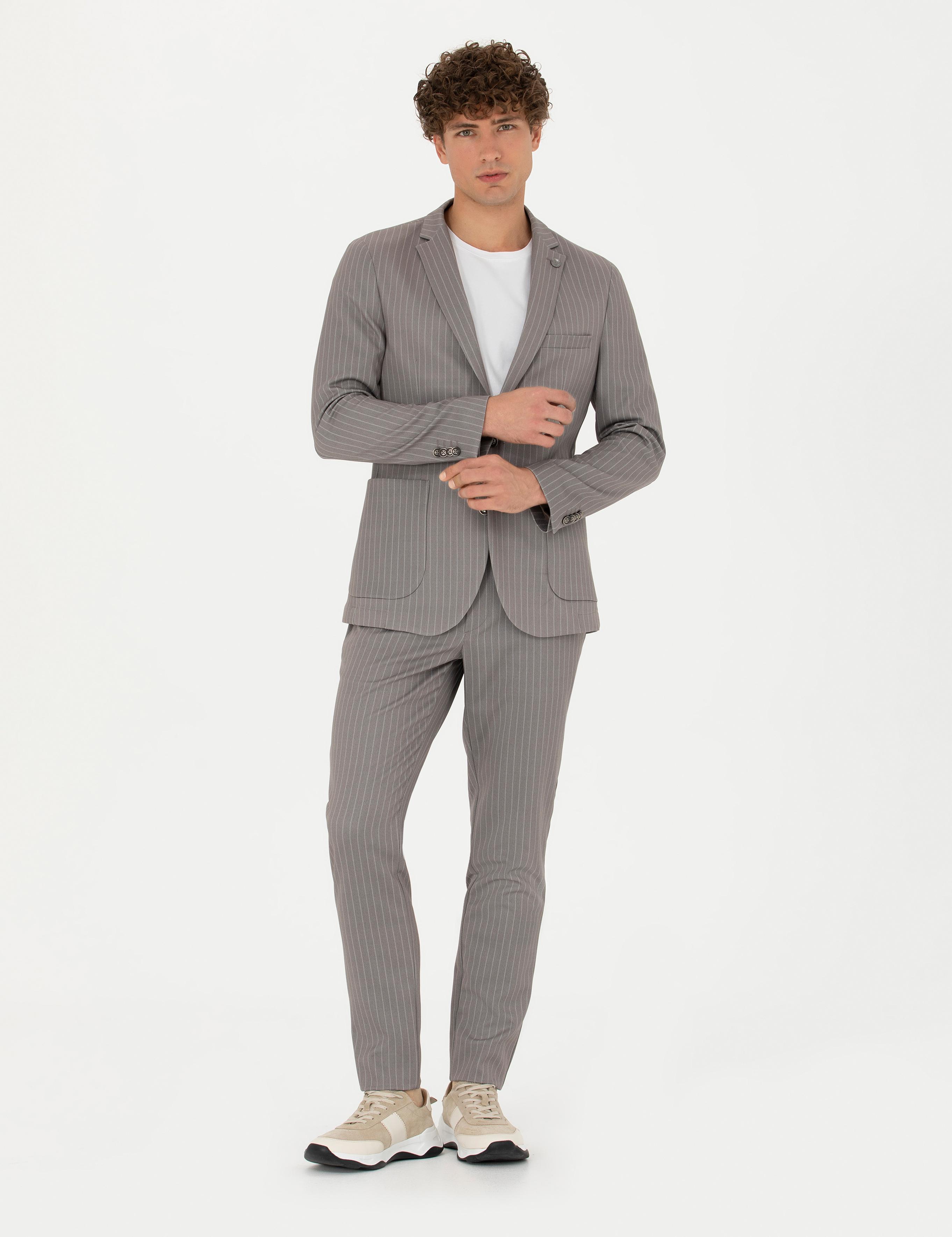 Açık Kahverengi Ex. Slim Fit Çizgili Spor Takım Elbise