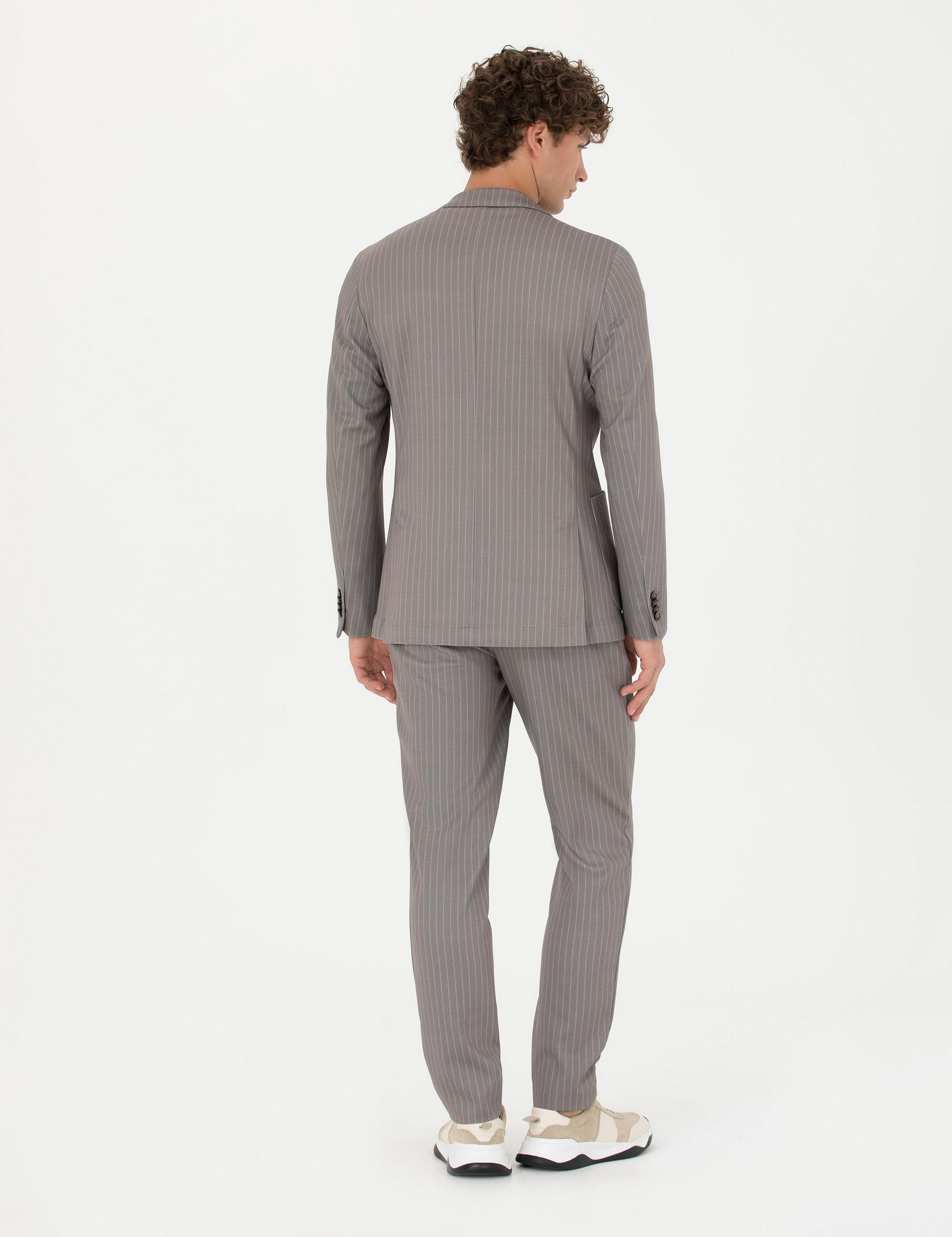 Açık Kahverengi Ex. Slim Fit Çizgili Spor Takım Elbise