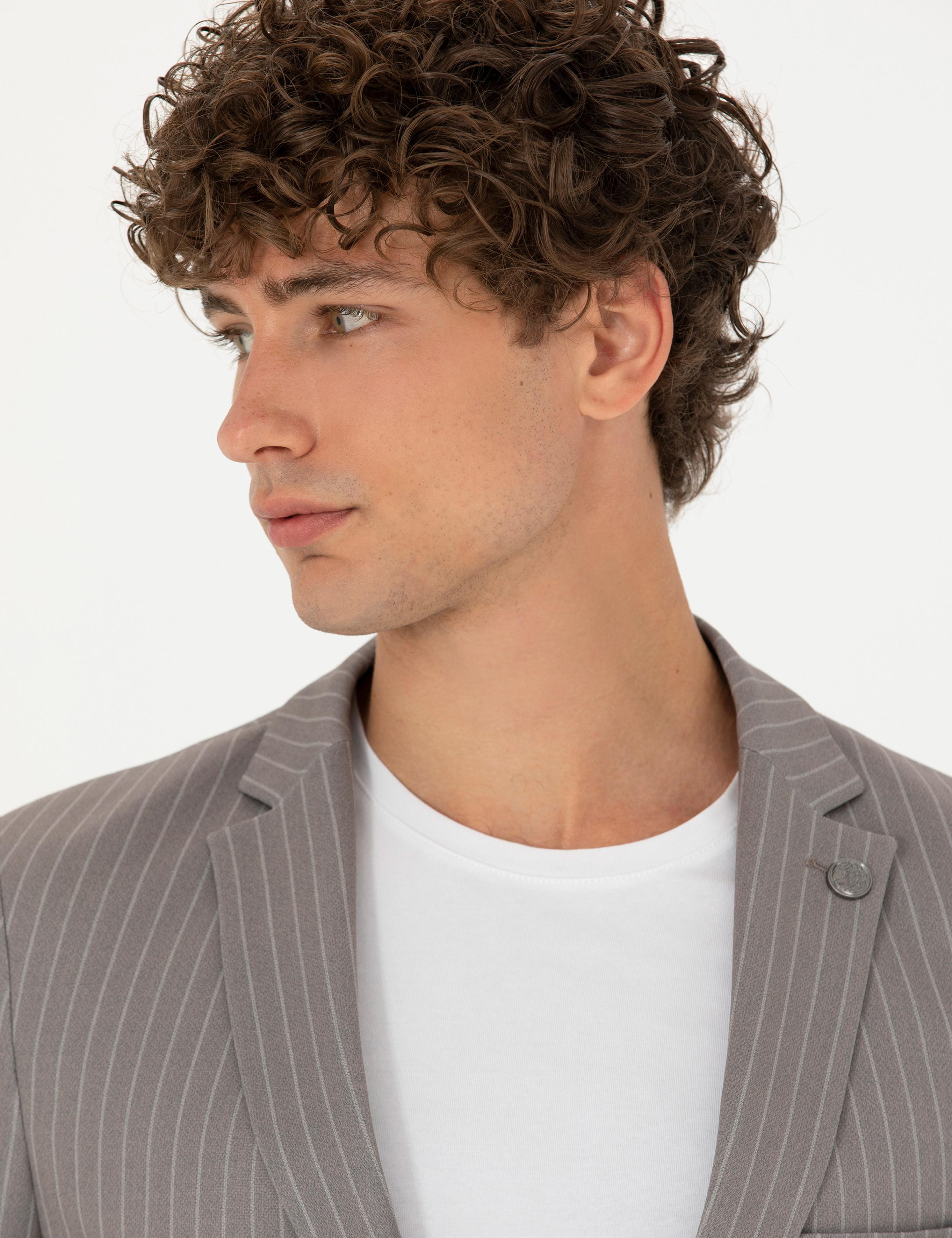 Açık Kahverengi Ex. Slim Fit Çizgili Spor Takım Elbise