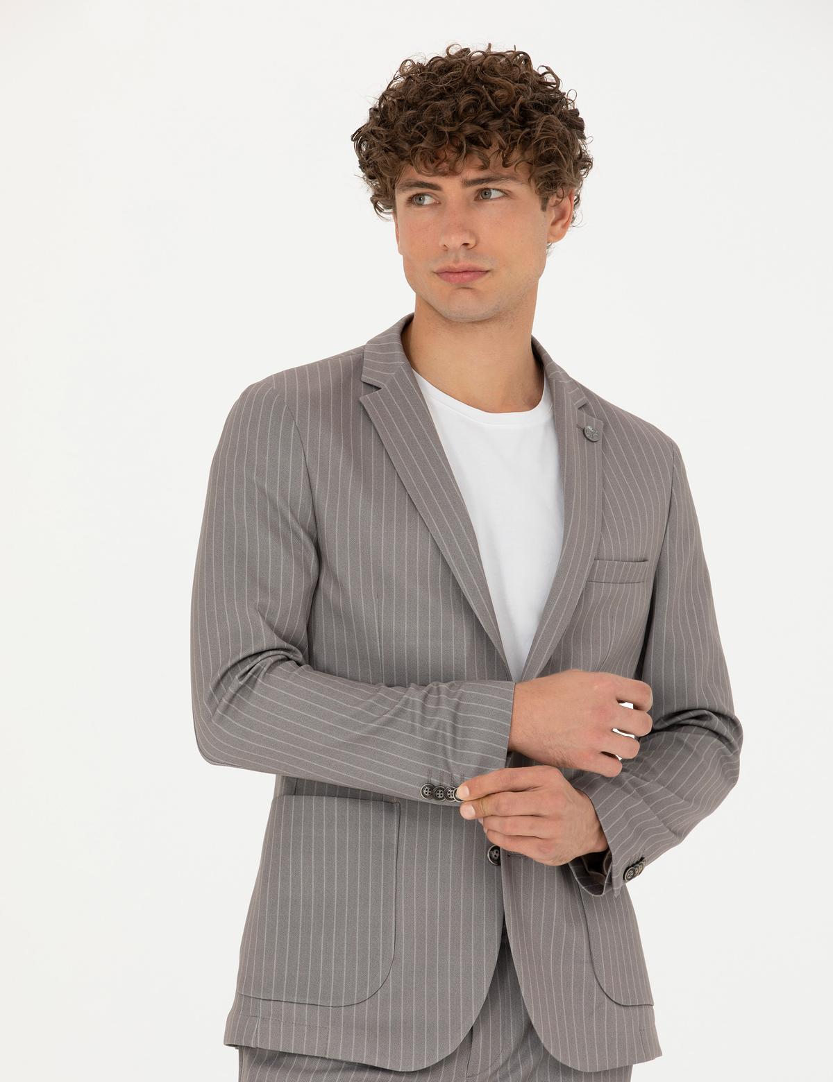 Açık Kahverengi Ex. Slim Fit Çizgili Spor Takım Elbise - 50281896080