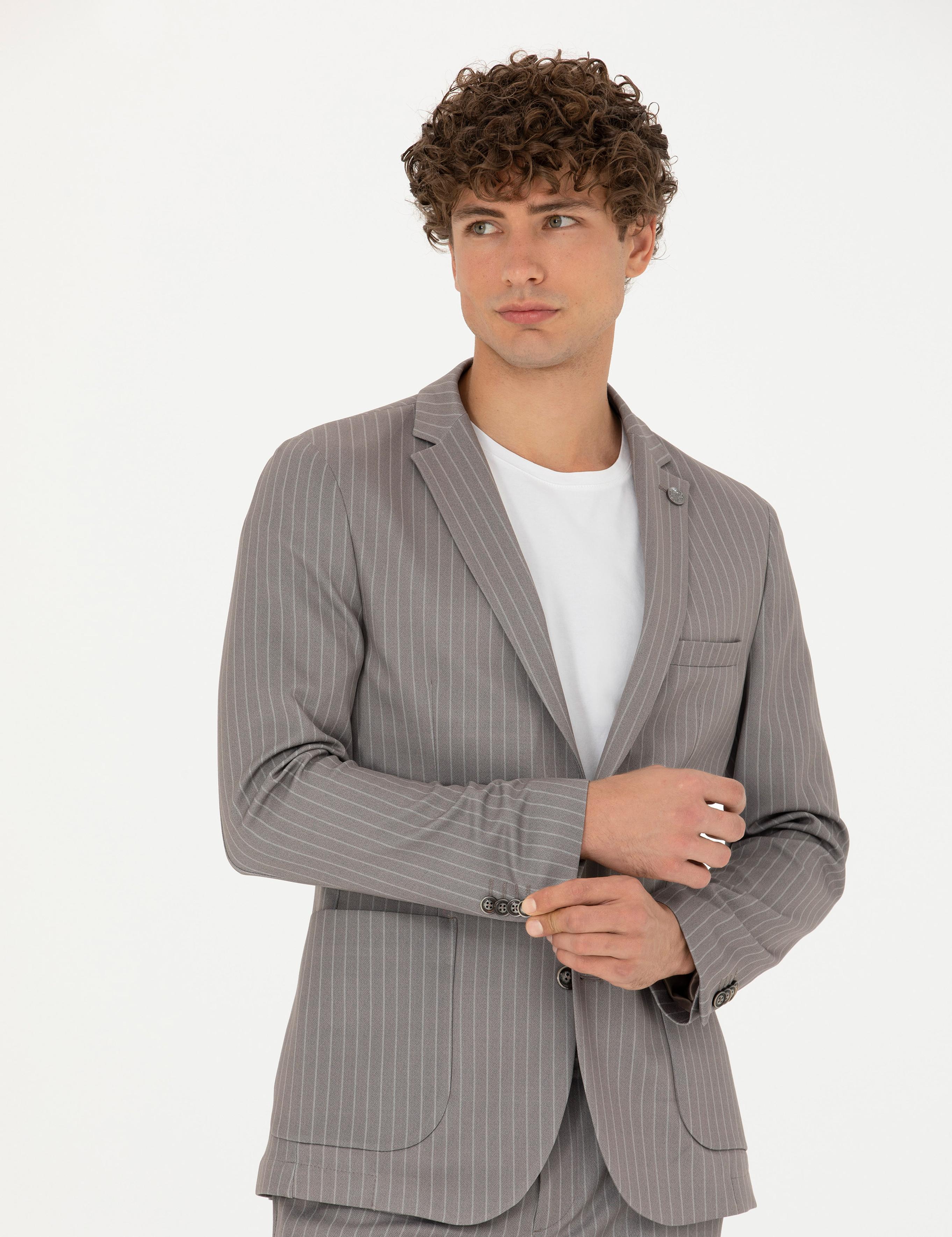 Açık Kahverengi Ex. Slim Fit Çizgili Spor Takım Elbise