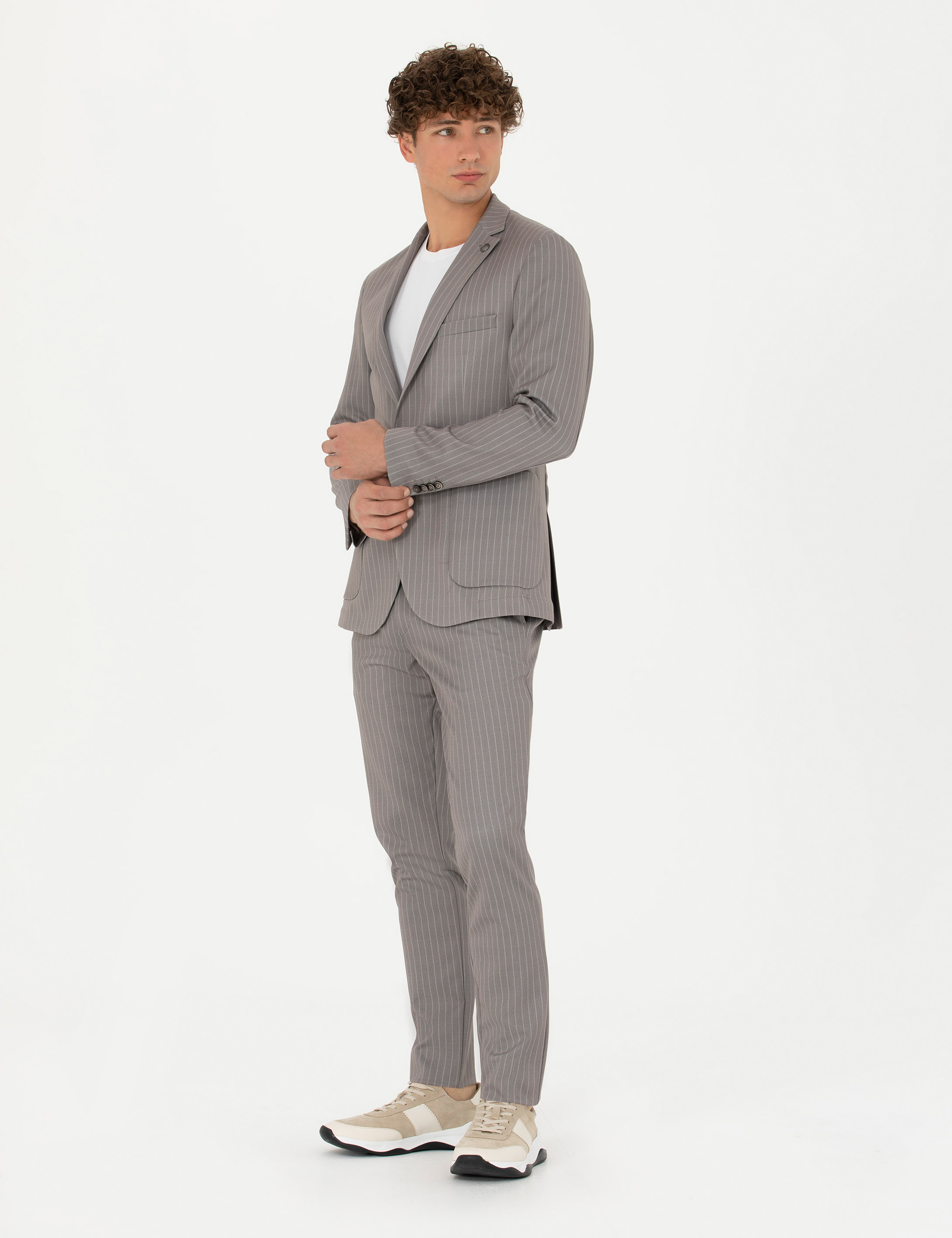 Pierre Cardin Açık Kahverengi Extra Slim Fit Çizgili Spor Takım Elbise görsel 3