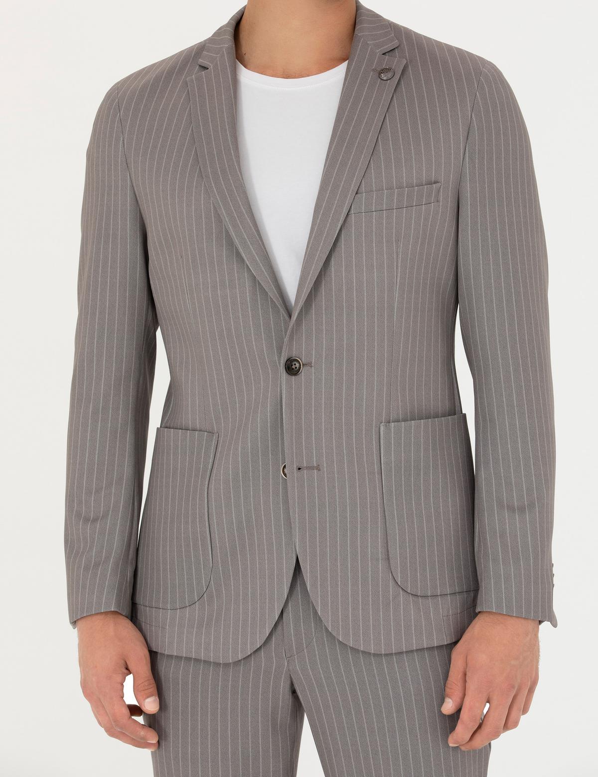 Açık Kahverengi Ex. Slim Fit Çizgili Spor Takım Elbise - 50281896080