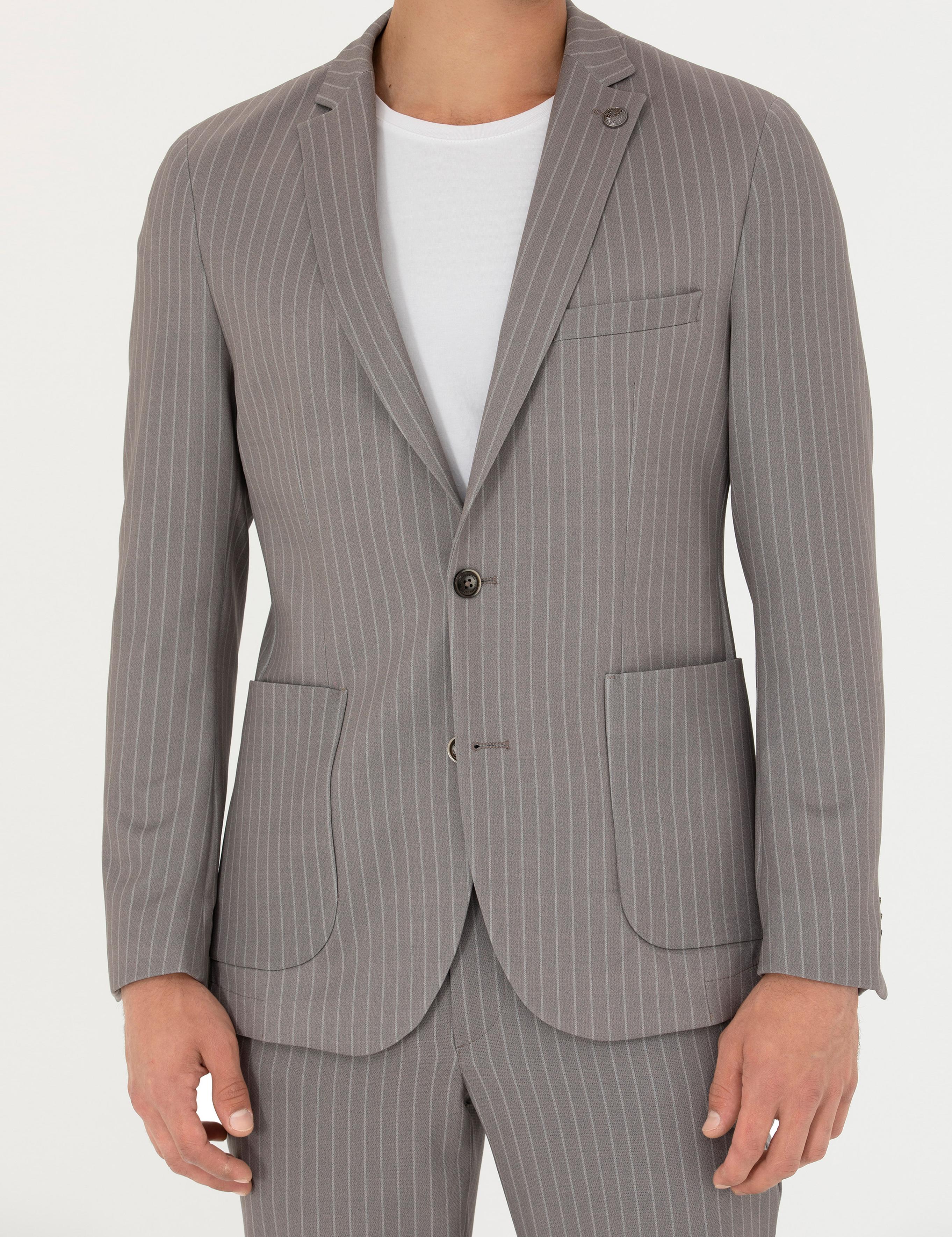 Açık Kahverengi Ex. Slim Fit Çizgili Spor Takım Elbise