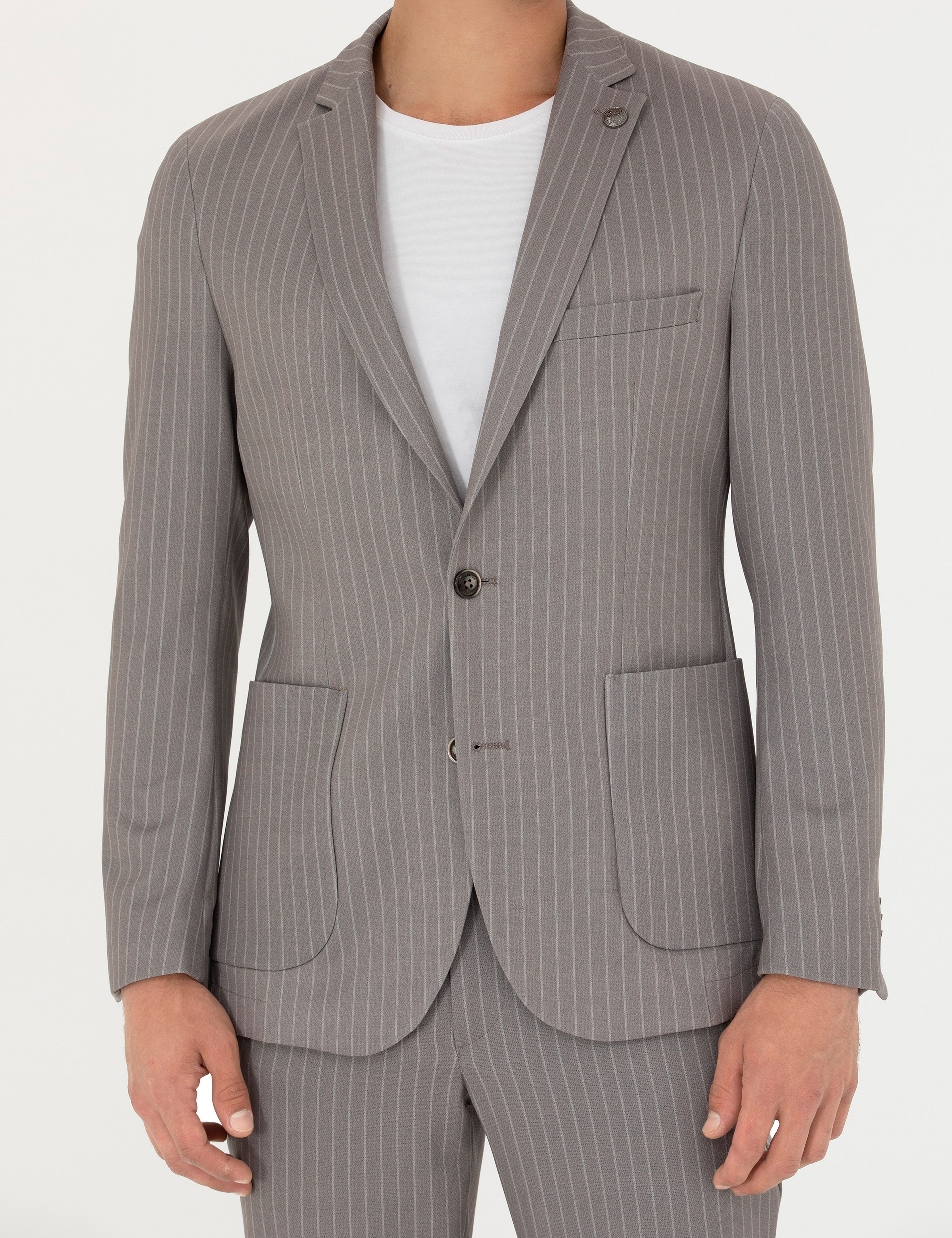 Açık Kahverengi Ex. Slim Fit Çizgili Spor Takım Elbise