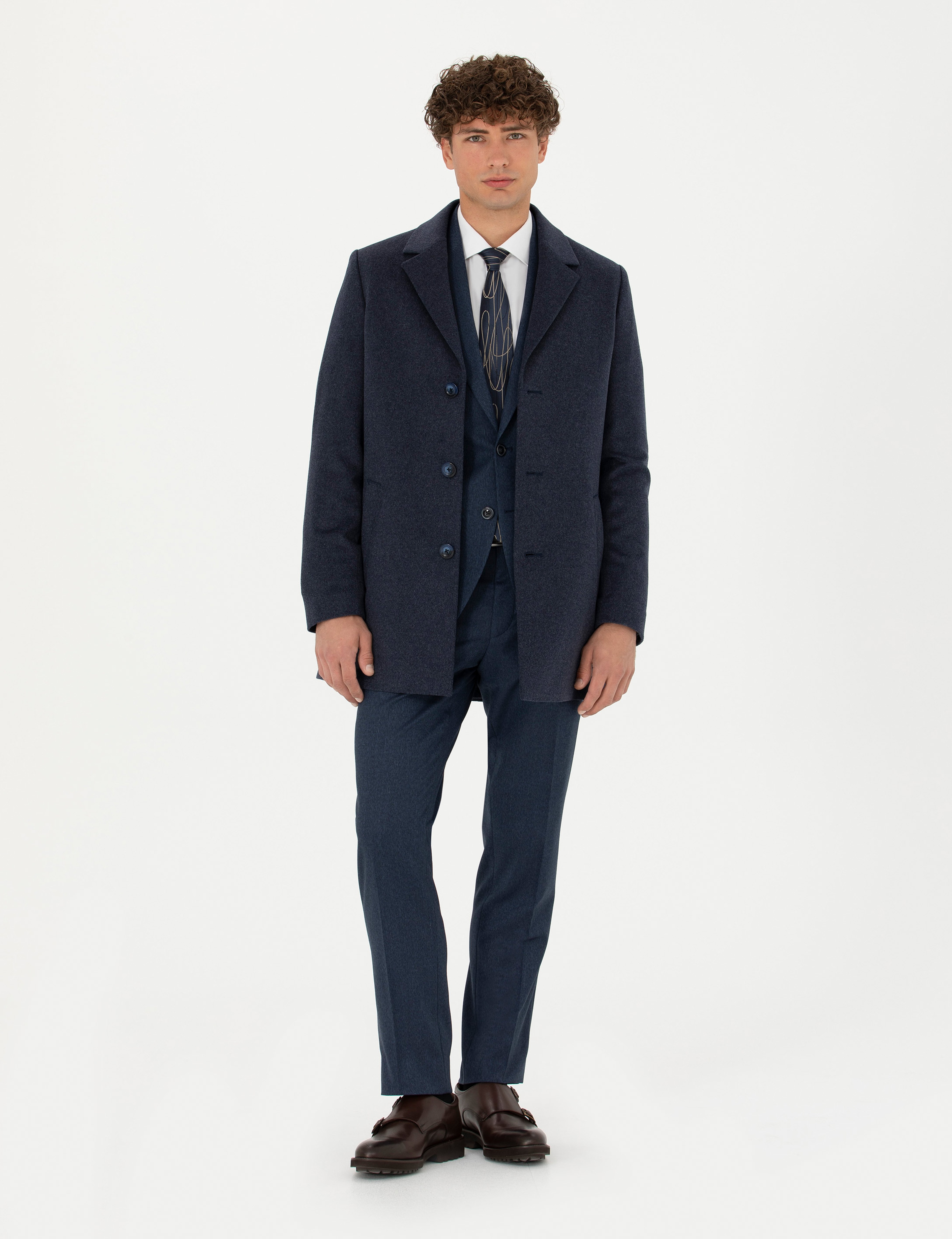 İndigo Yün Karışımlı Ekstra Slim Fit Kaşe Kaban