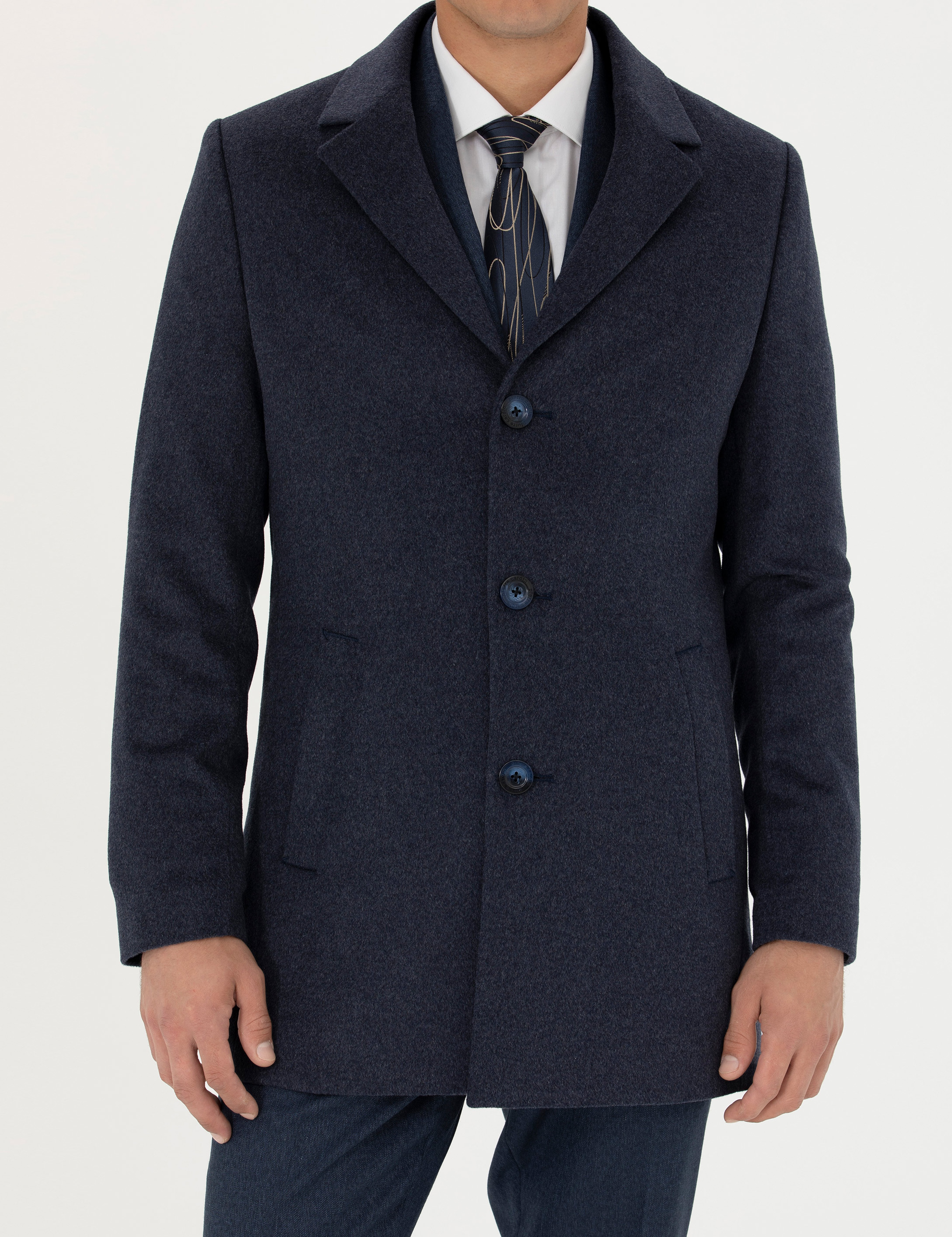 İndigo Yün Karışımlı Ekstra Slim Fit Kaşe Kaban - Image 6