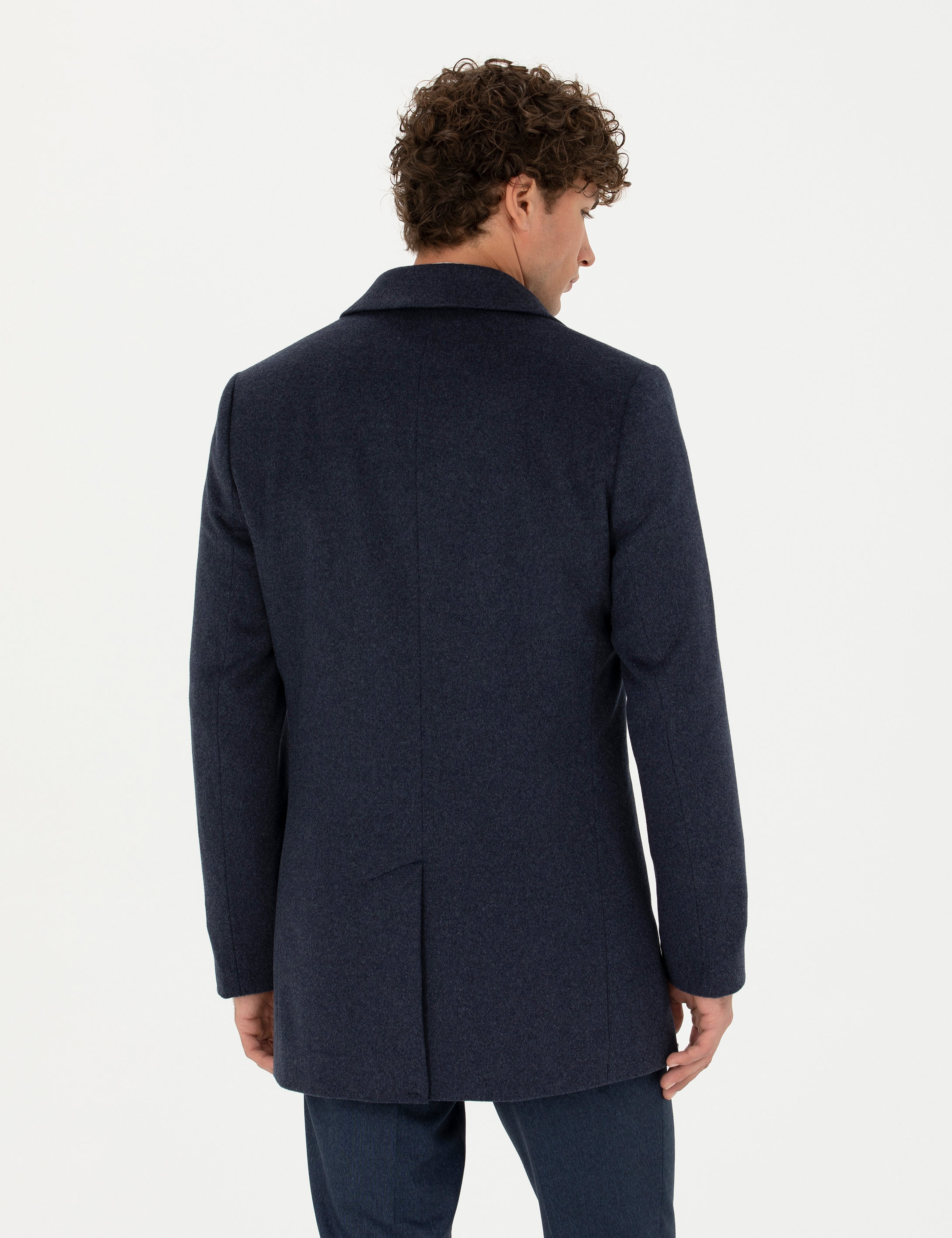 İndigo Yün Karışımlı Ekstra Slim Fit Kaşe Kaban - Image 5