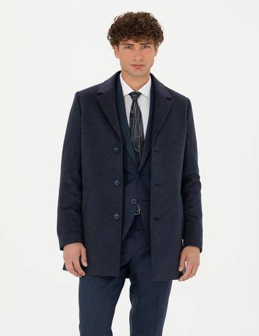 İndigo Yün Karışımlı Ekstra Slim Fit Kaşe Kaban