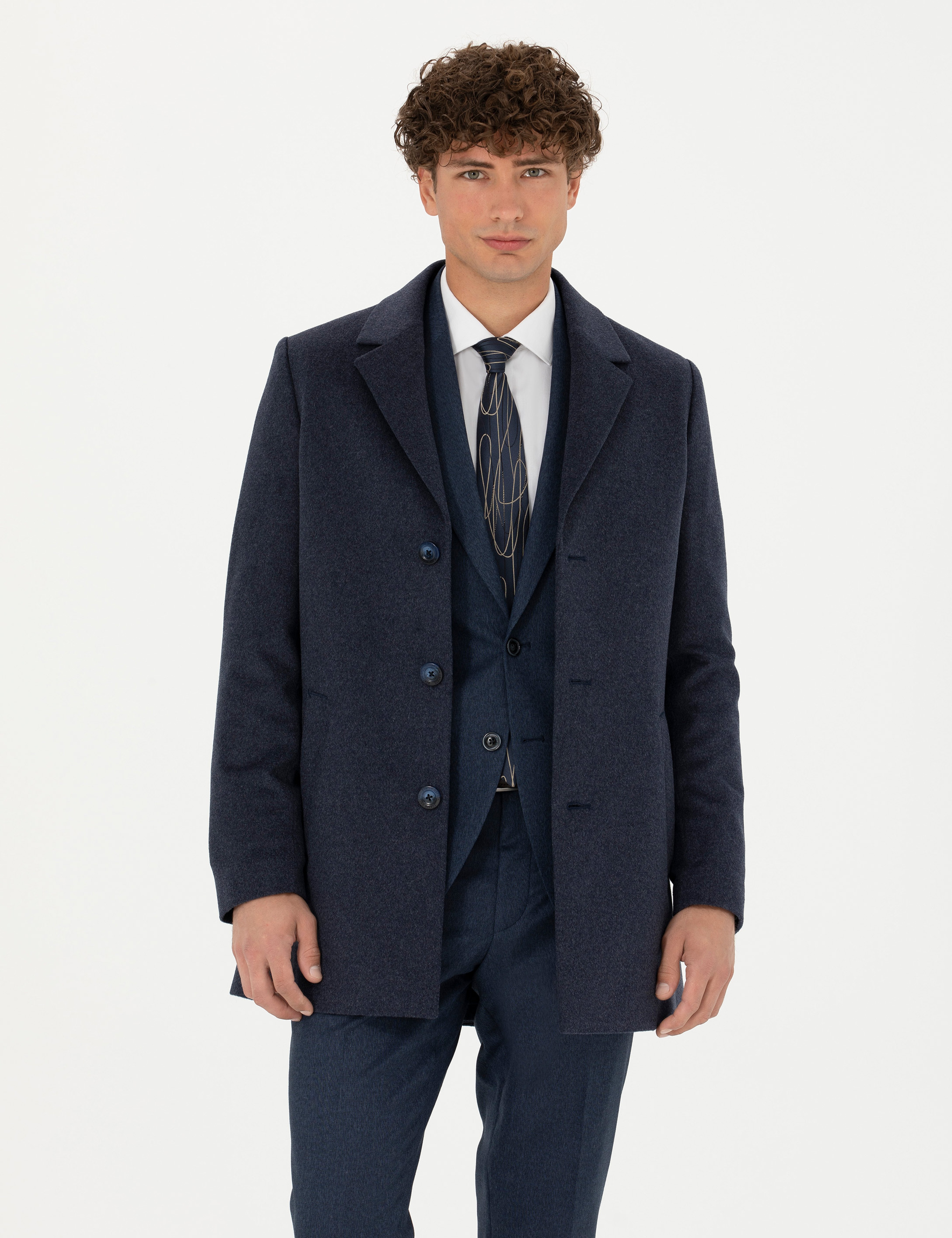 İndigo Yün Karışımlı Ekstra Slim Fit Kaşe Kaban - Image 1