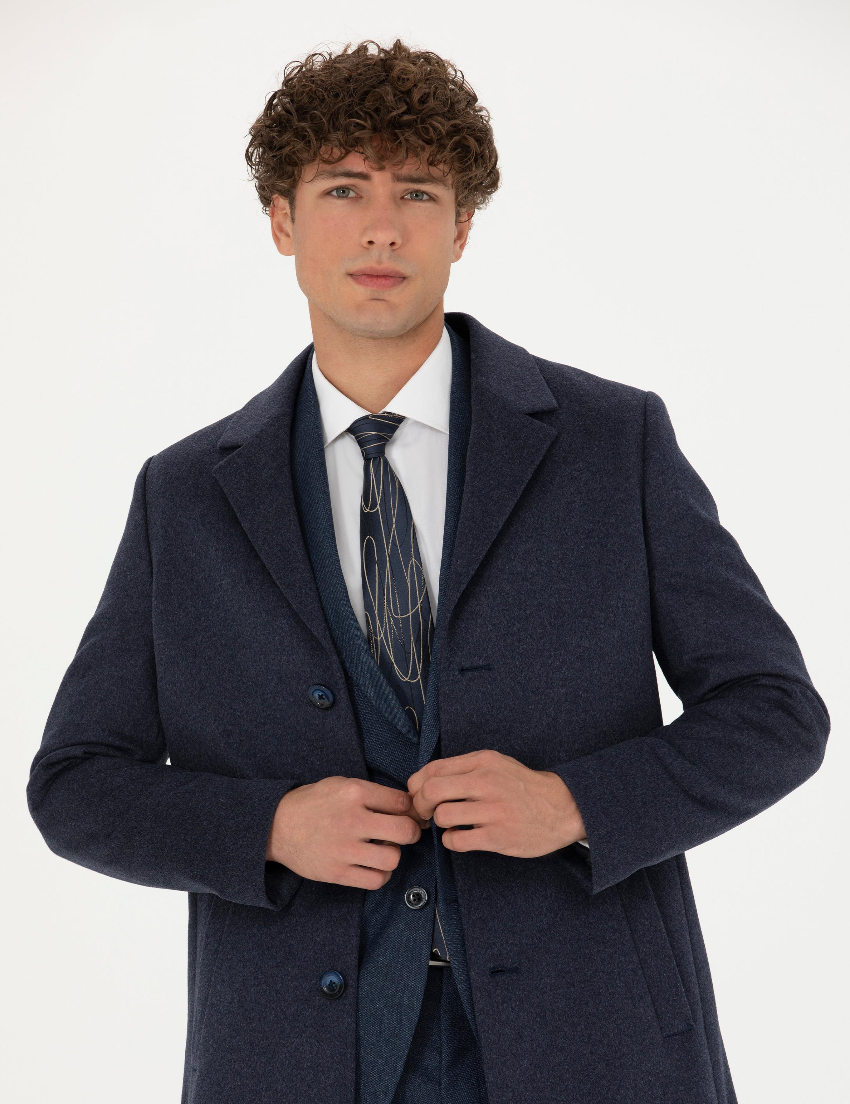 İndigo Yün Karışımlı Ekstra Slim Fit Kaşe Kaban