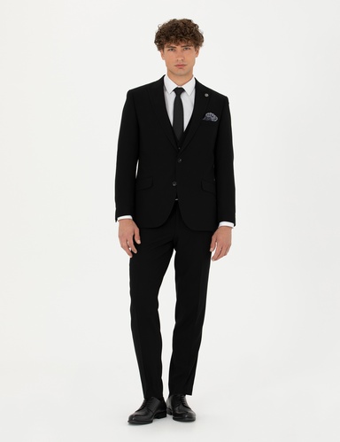 Yelekli Siyah Ekstra Slim Fit Takım Elbise