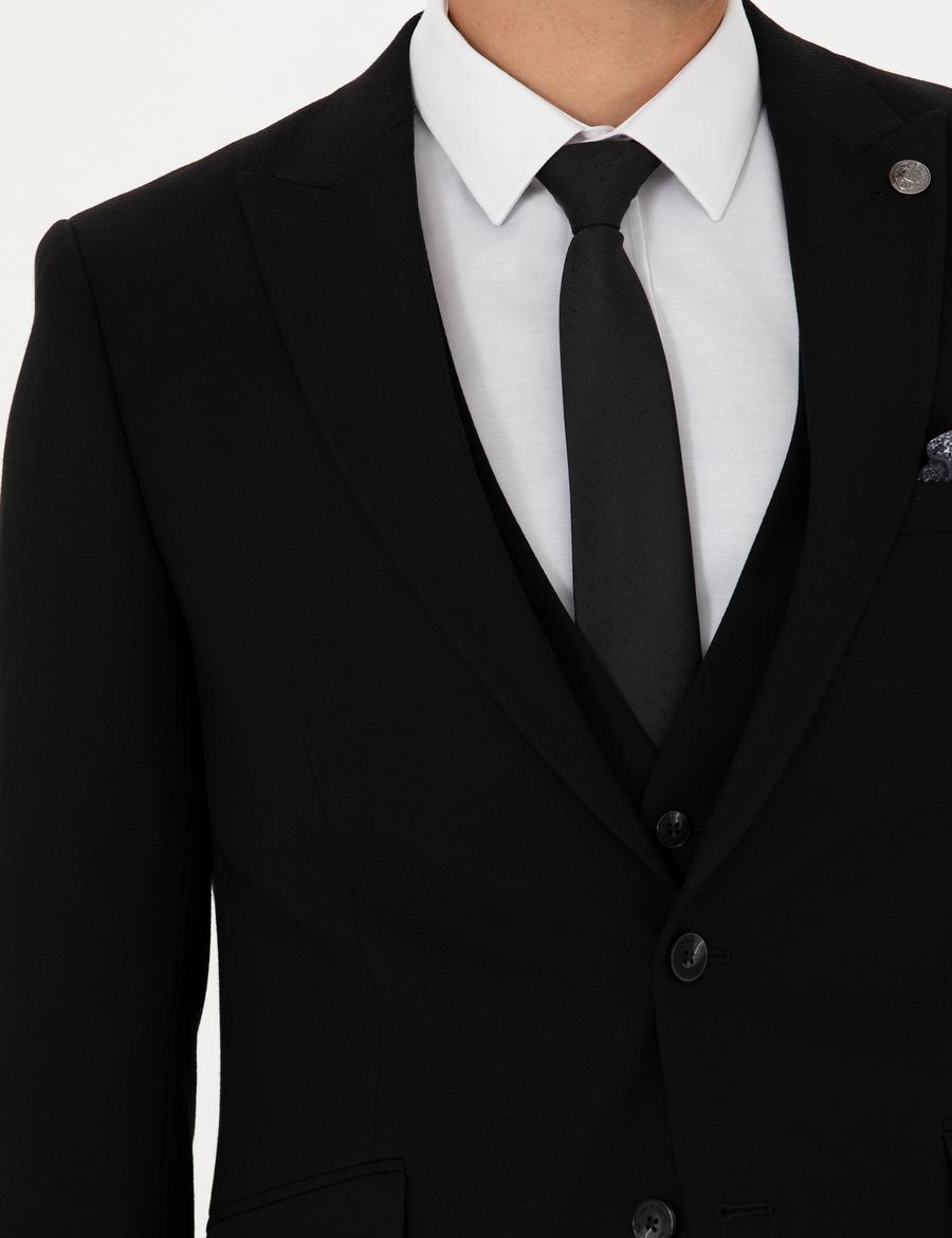 Yelekli Siyah Ekstra Slim Fit Takım Elbise