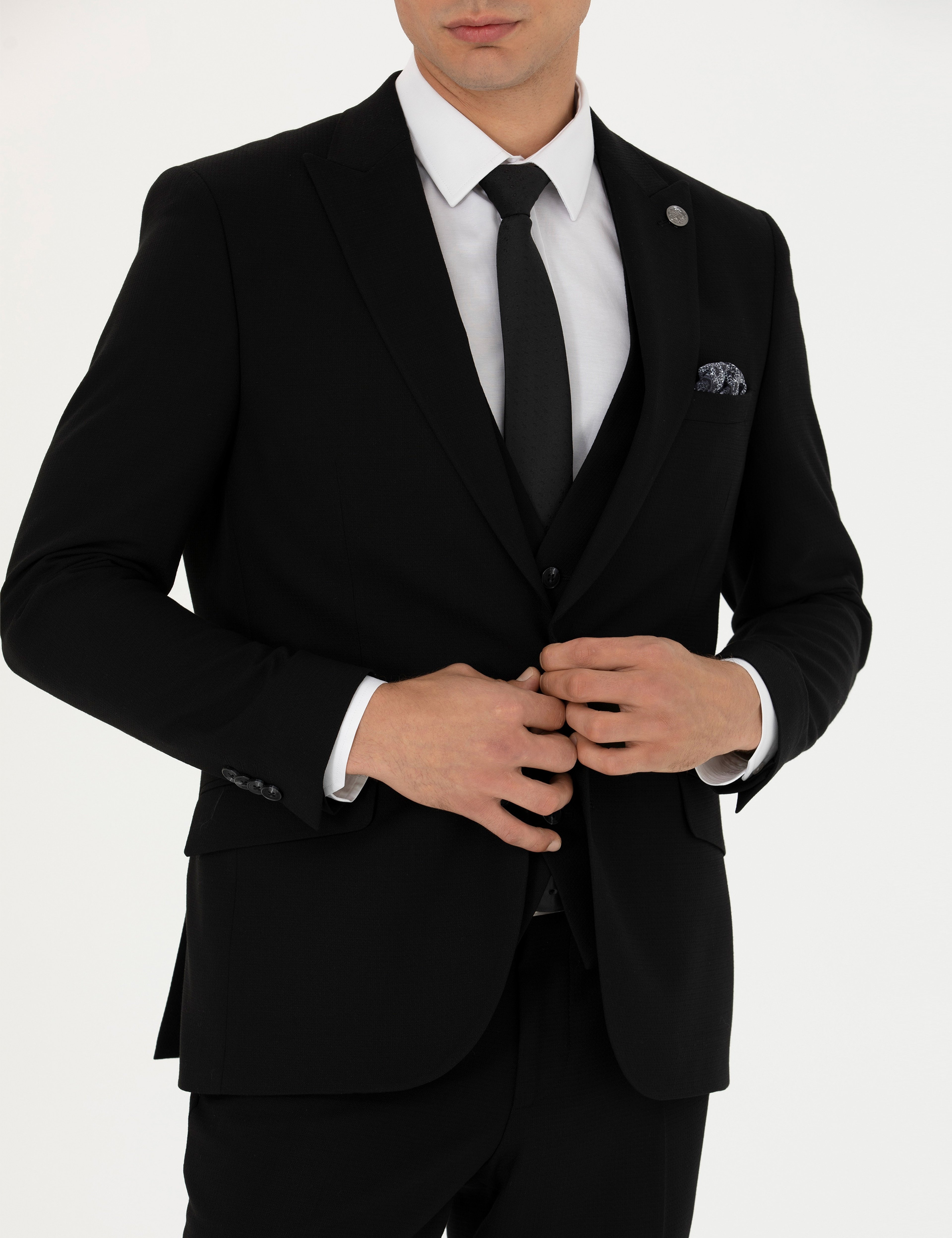 Yelekli Siyah Ekstra Slim Fit Takım Elbise