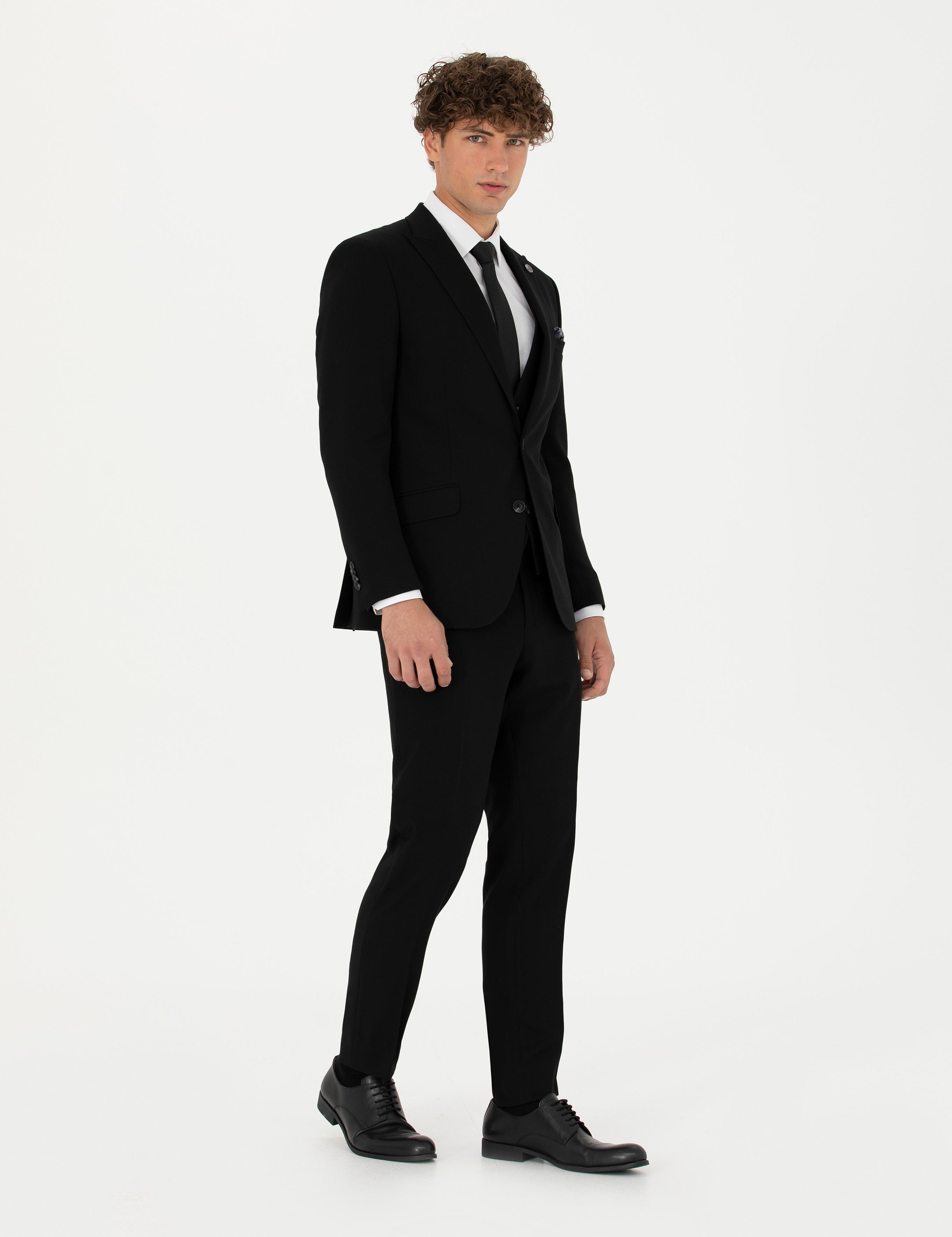 Yelekli Siyah Ekstra Slim Fit Takım Elbise