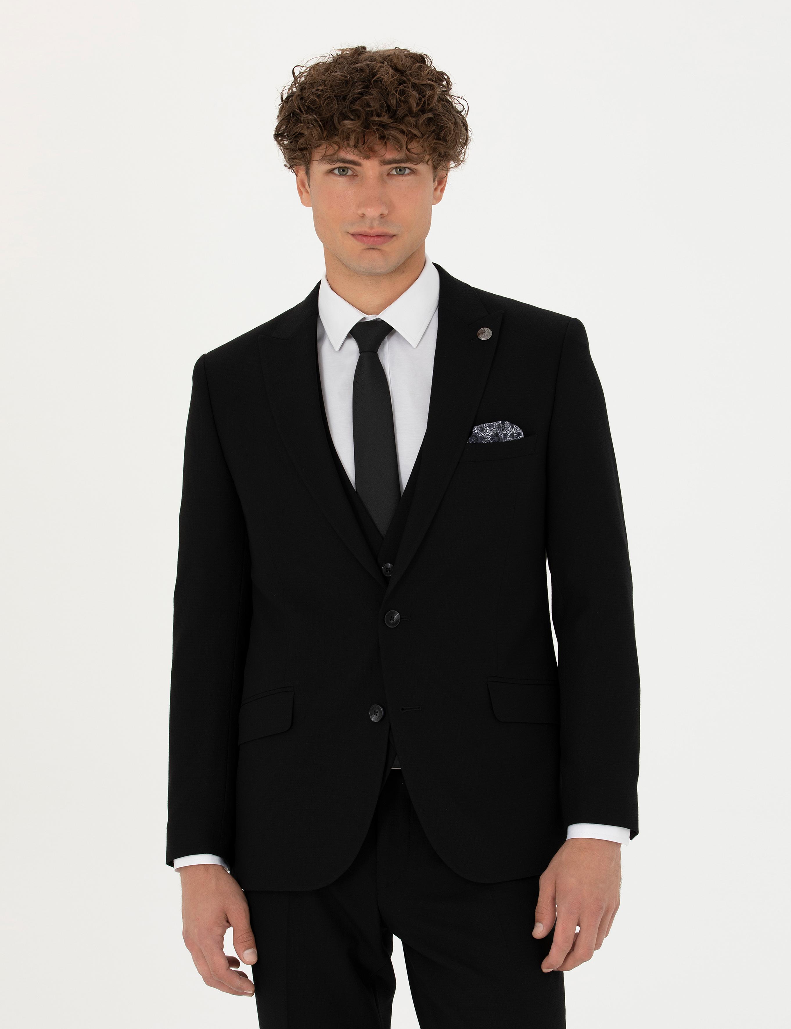 Yelekli Siyah Ekstra Slim Fit Takım Elbise