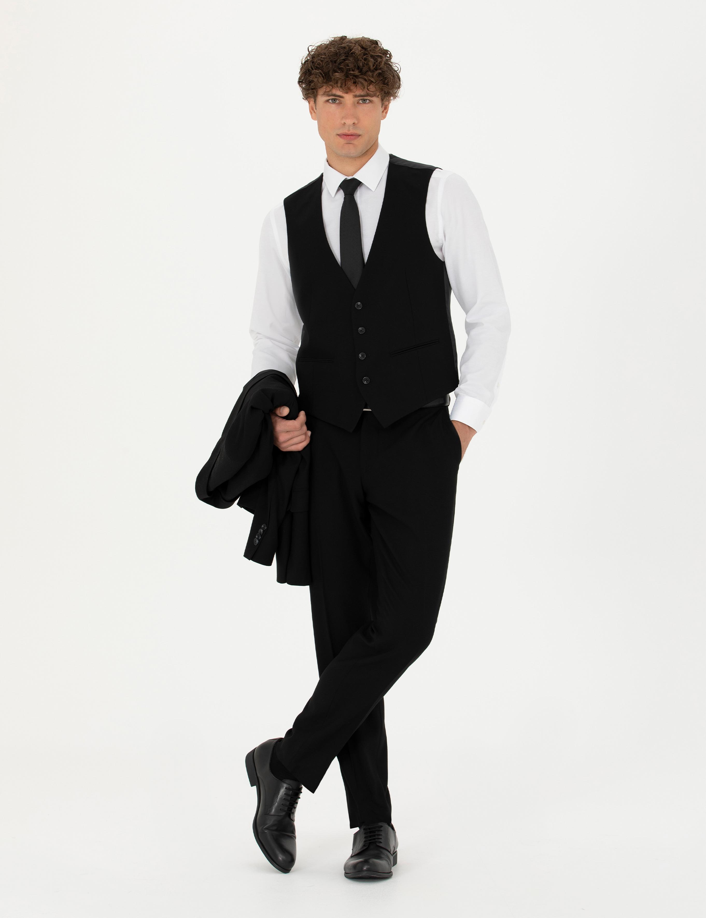 Yelekli Siyah Ekstra Slim Fit Takım Elbise