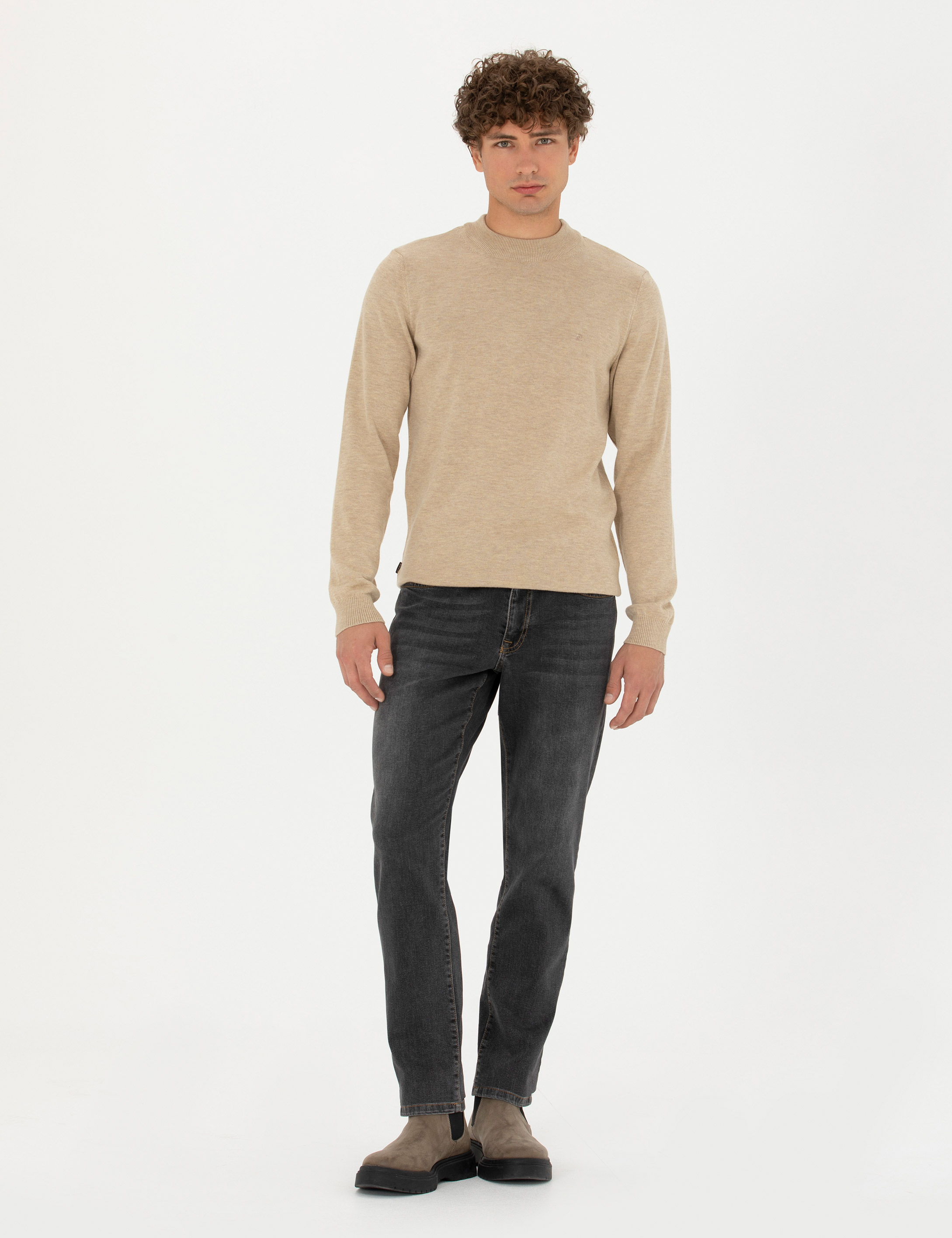 Pierre Cardin Taş Melanj Slim Fit Çeyrek Yaka Basic Triko Kazak görsel 4