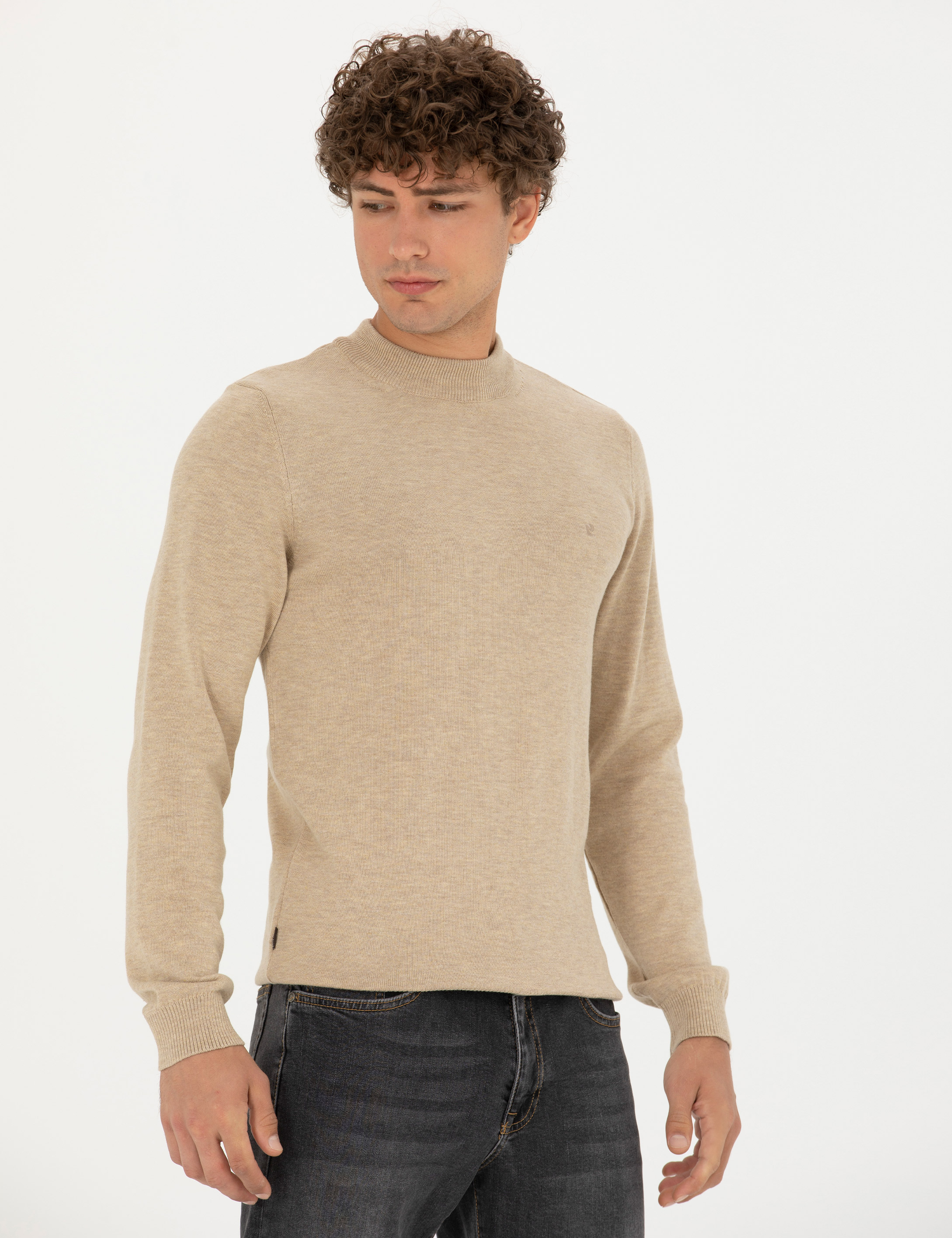 Pierre Cardin Taş Melanj Slim Fit Çeyrek Yaka Basic Triko Kazak görsel 3