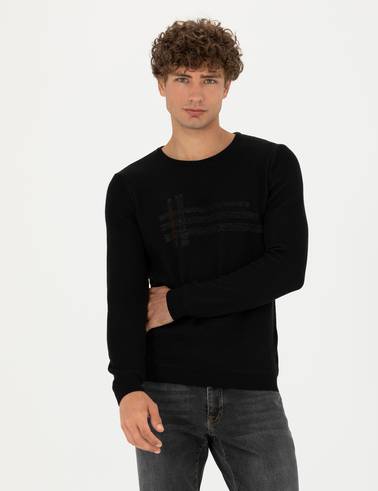 Siyah Slim Fit Bisiklet Yaka Triko Kazak