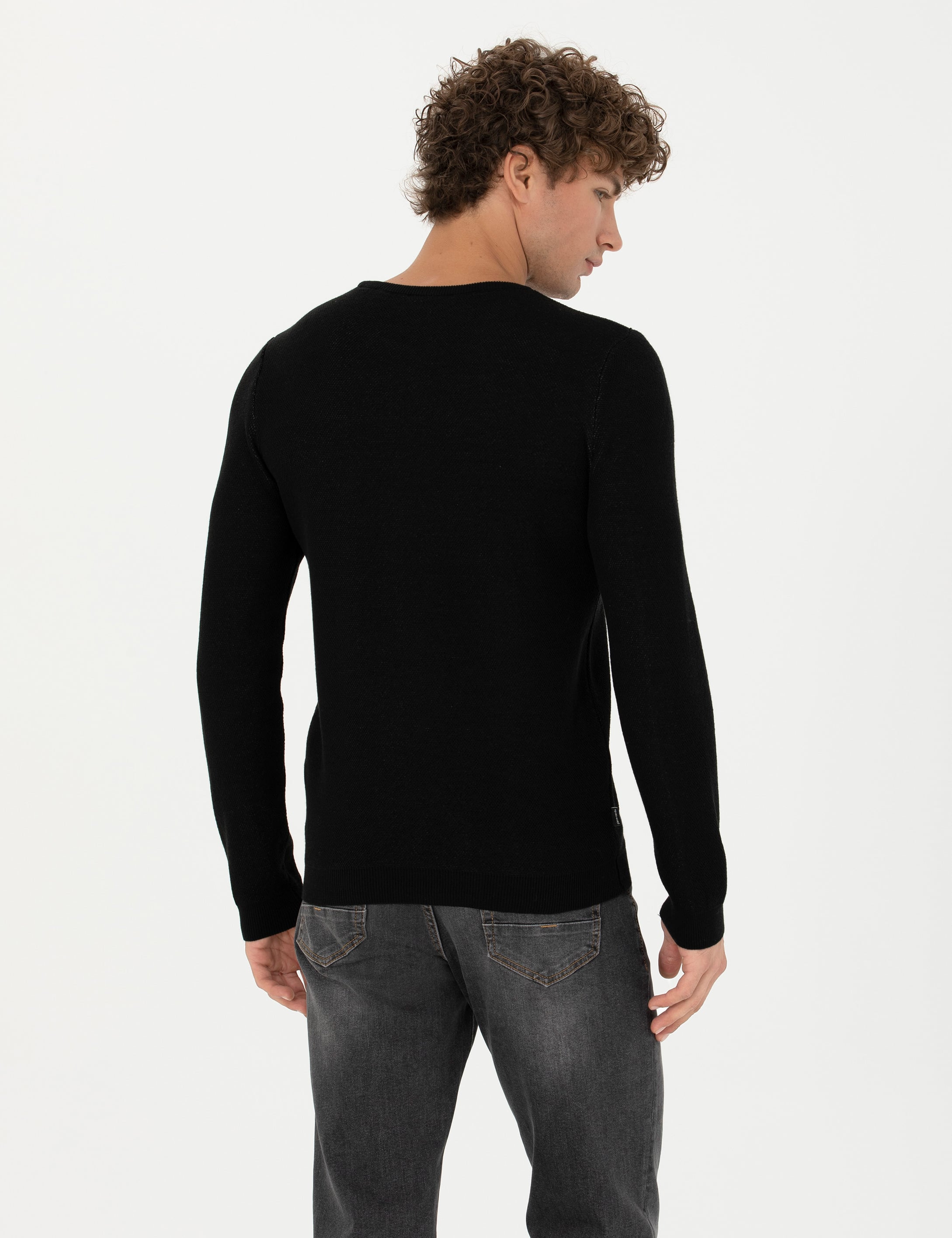 Siyah Slim Fit Bisiklet Yaka Triko Kazak - Image 5