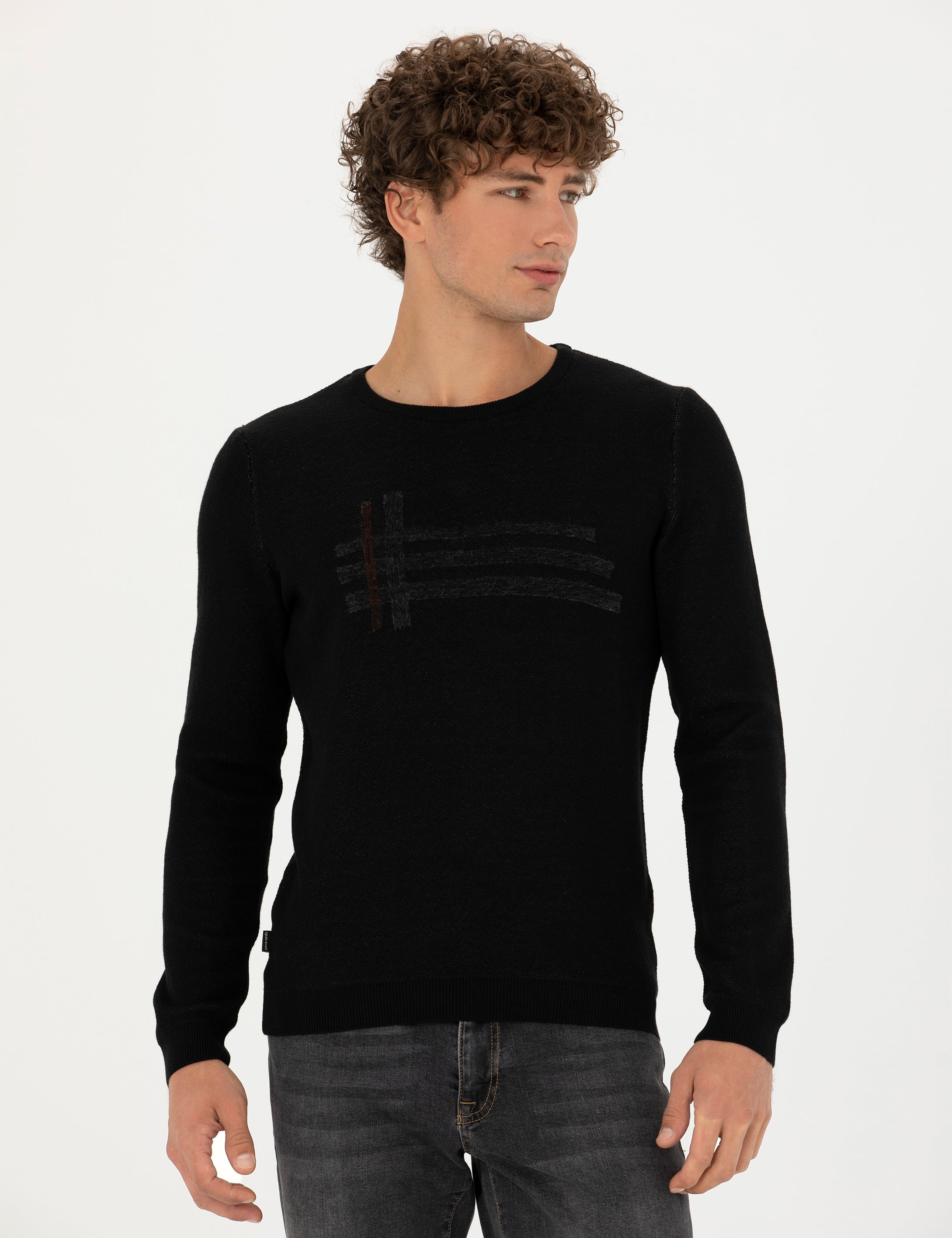 Siyah Slim Fit Bisiklet Yaka Triko Kazak