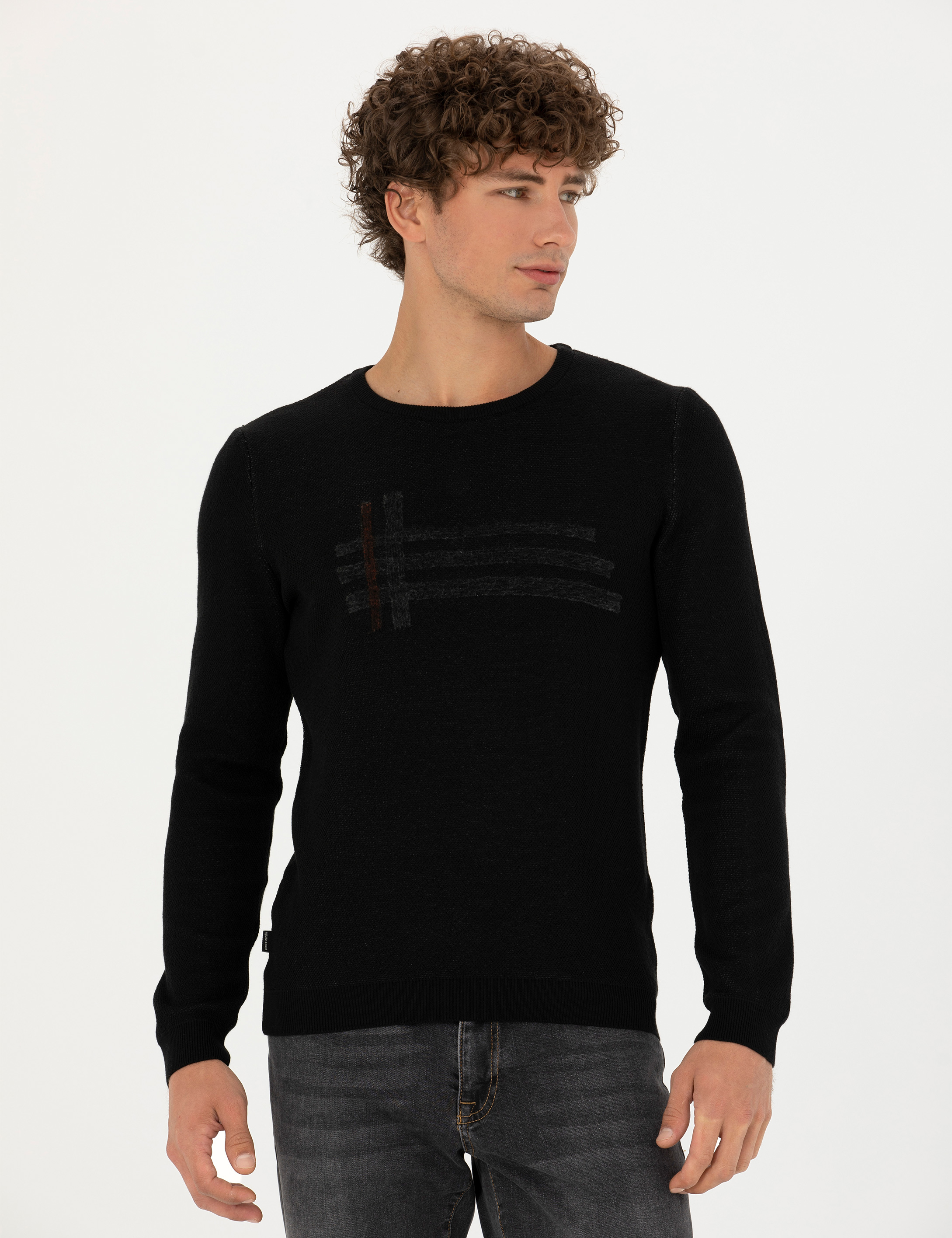 Siyah Slim Fit Bisiklet Yaka Triko Kazak