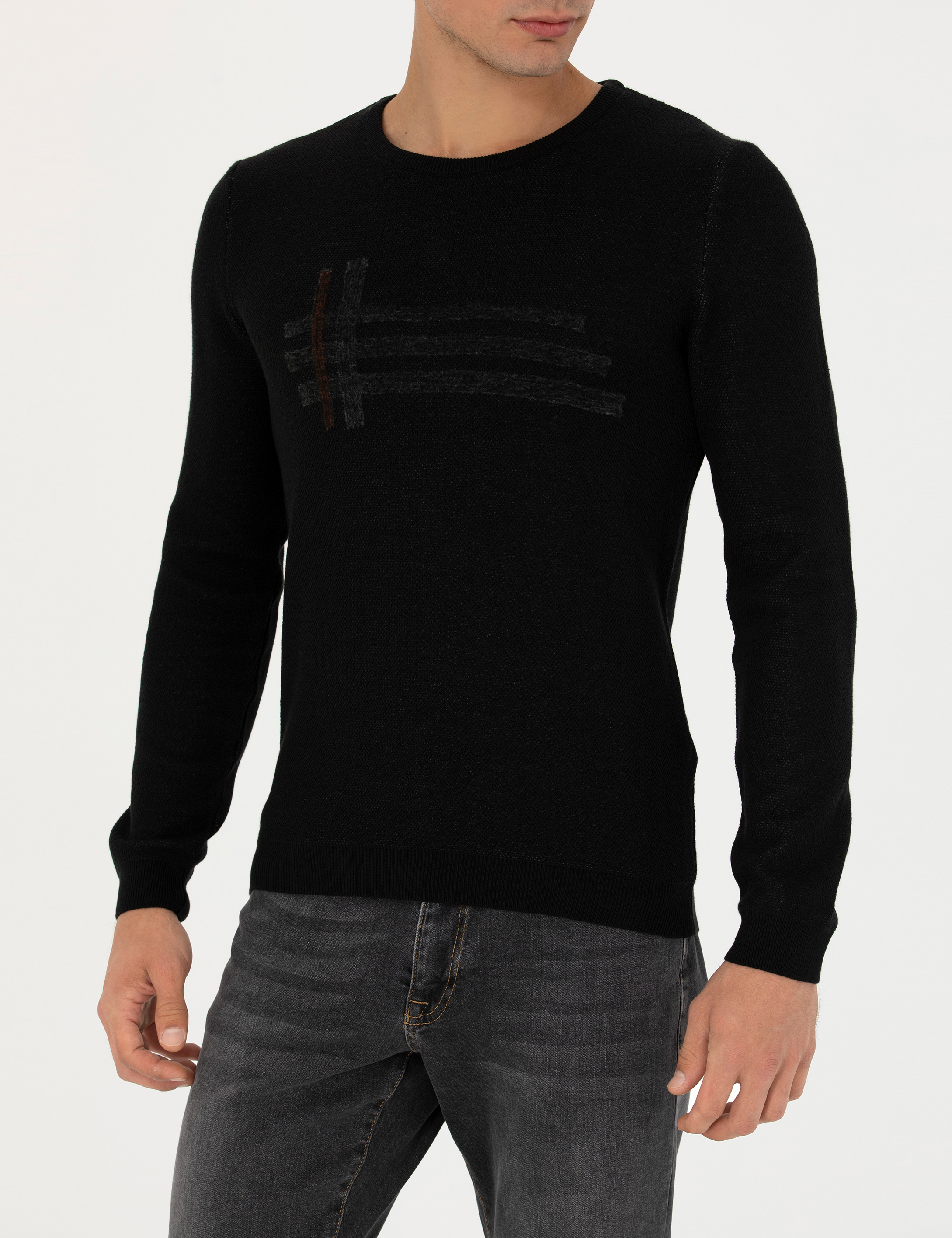 Siyah Slim Fit Bisiklet Yaka Triko Kazak - Image 6