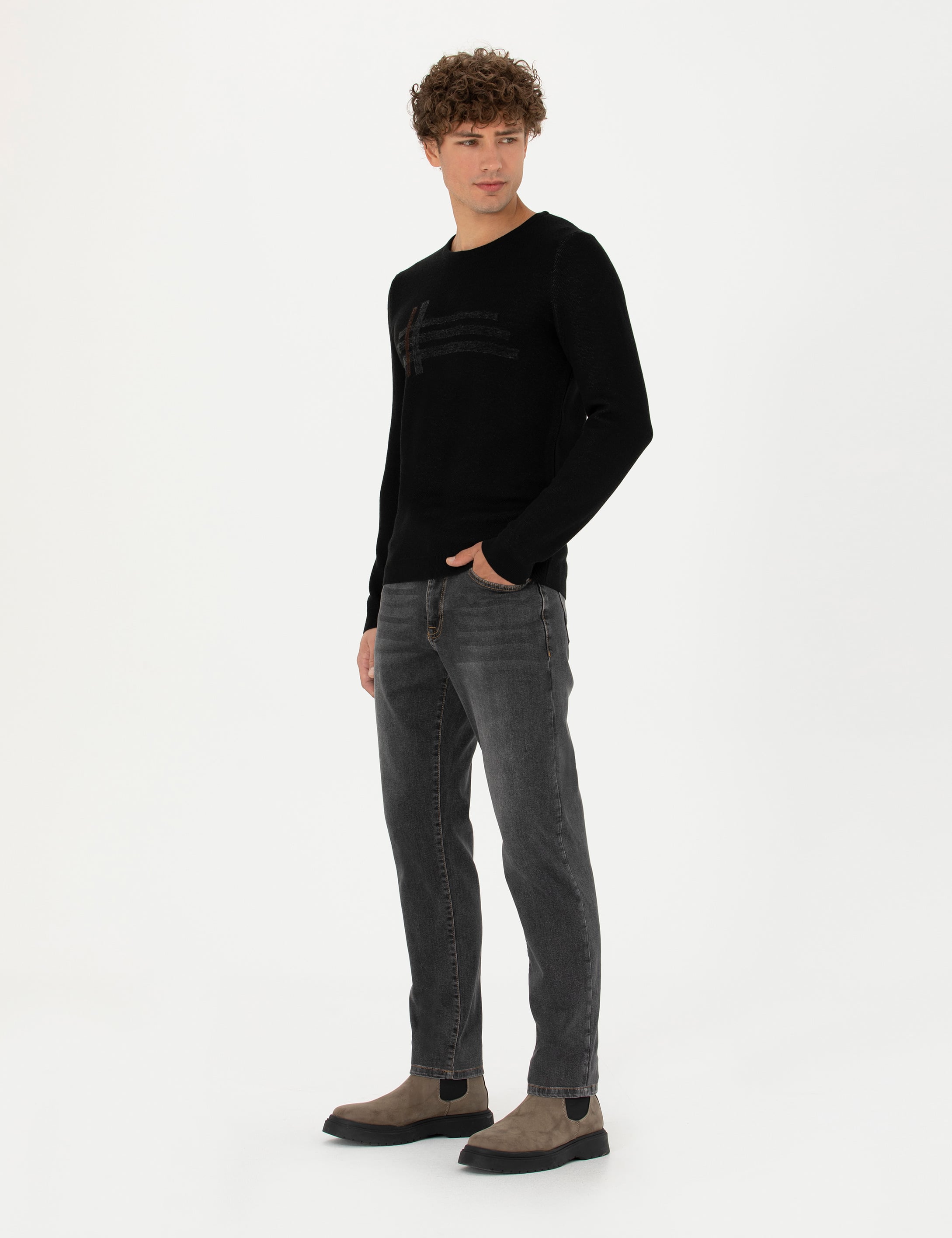 Pierre Cardin Siyah Slim Fit Bisiklet Yaka Triko Kazak görsel 4