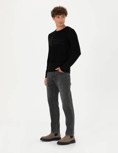 Siyah Slim Fit Bisiklet Yaka Triko Kazak