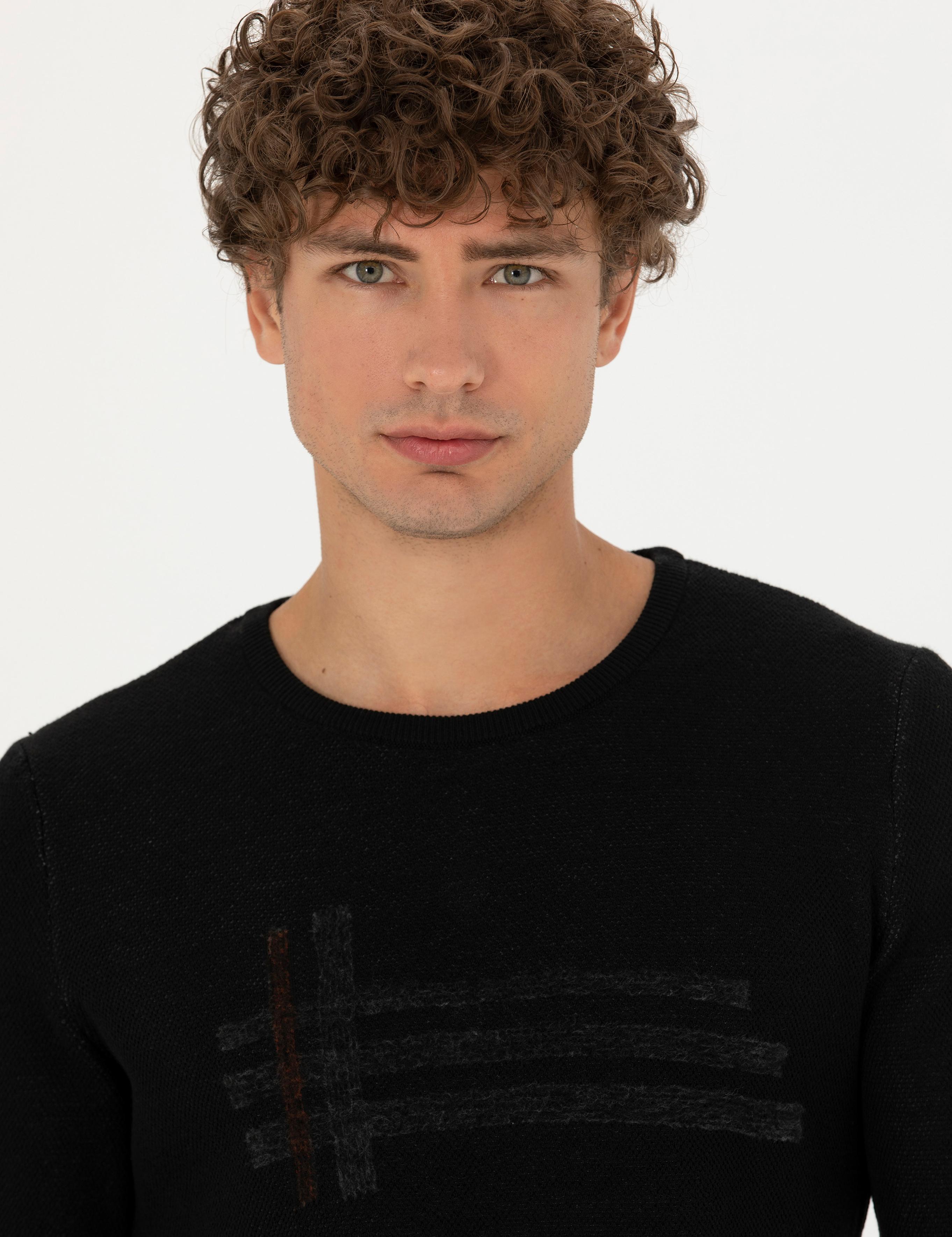 Siyah Slim Fit Bisiklet Yaka Triko Kazak