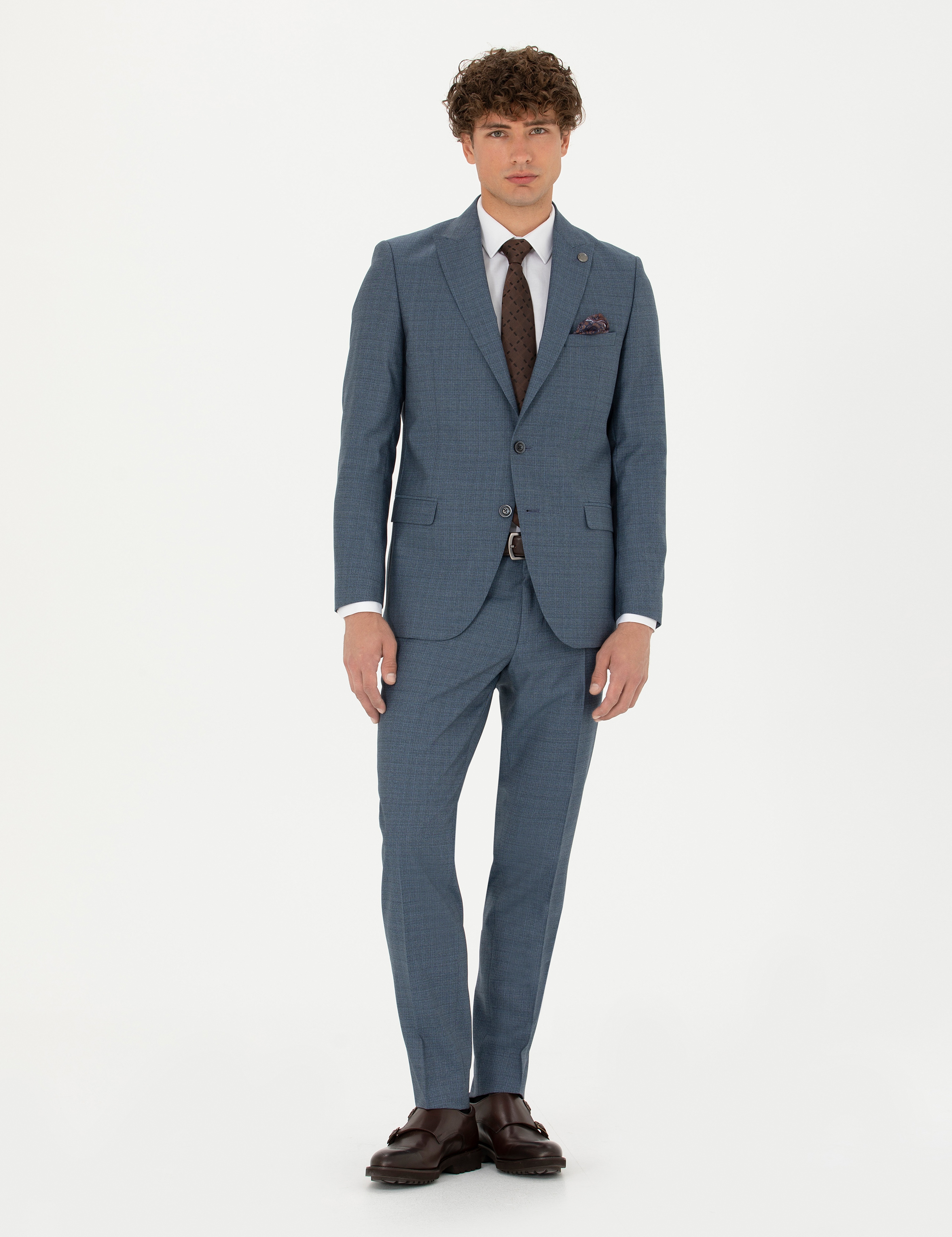 %100 Yün Koyu Mavi Ekstra Slim Fit Takım Elbise - Image 1